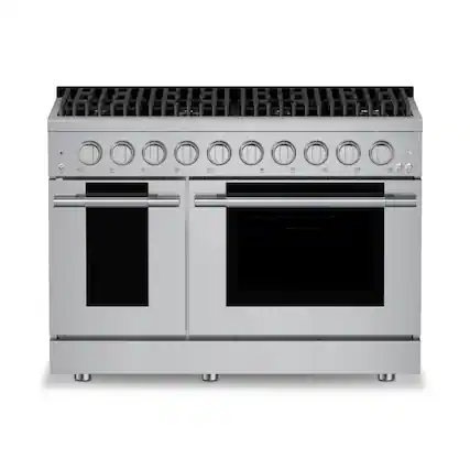 Front. Hauslane - HausPro 48 in. 8 Burners Gas Range in stainless steel with 20,000 BTU and Double Oven with 5 Rack Positions - Stainless Steel.