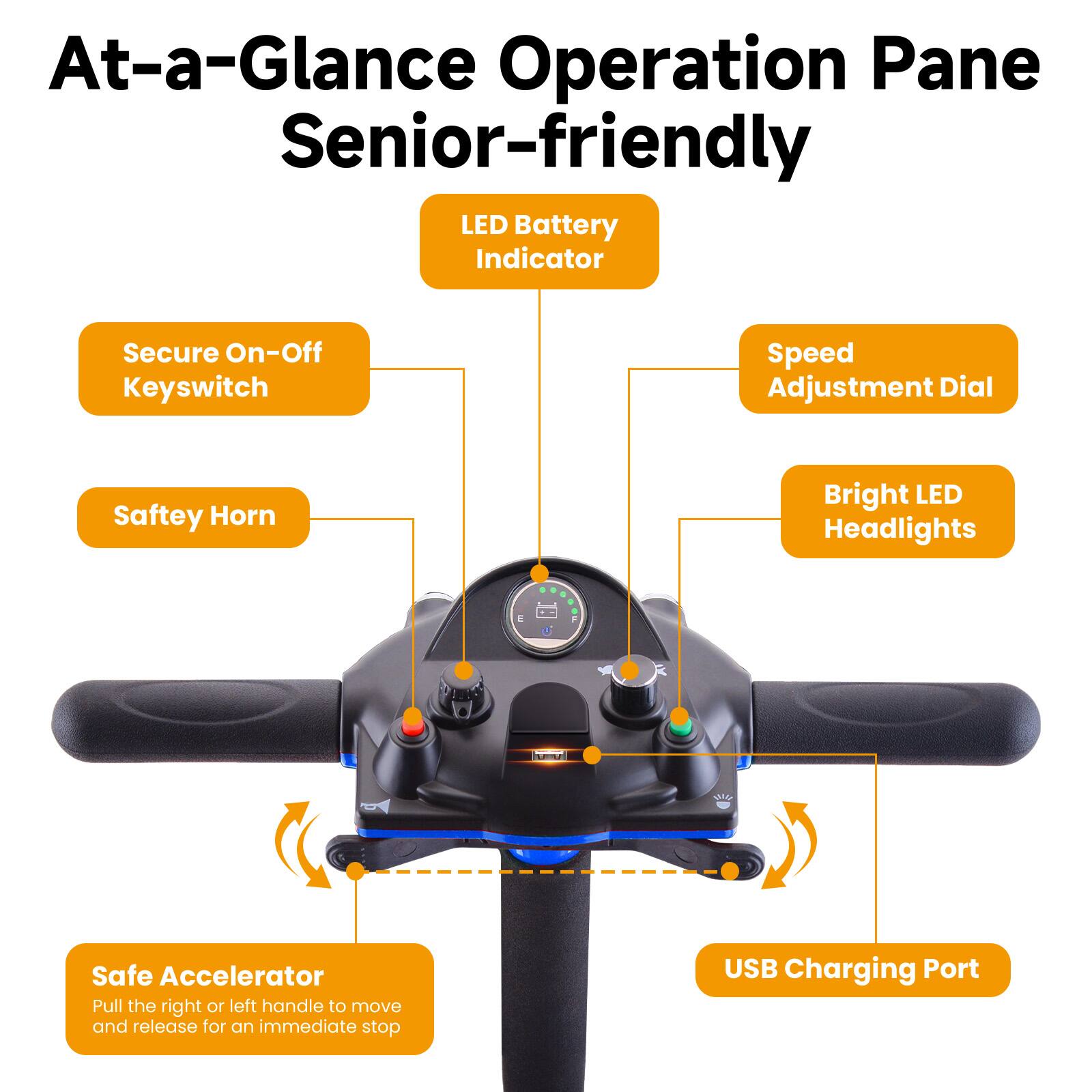 At-a-Glance Operation Pane  
Senior-friendly  

- LED Battery Indicator  
- Secure On-Off Keyswitch  
- Speed Adjustment Dial  
- Safety Horn  
- Bright LED Headlights  
- Safe Accelerator  
  - Pull the right or left handle to move and release for an immediate stop  
- USB Charging Port