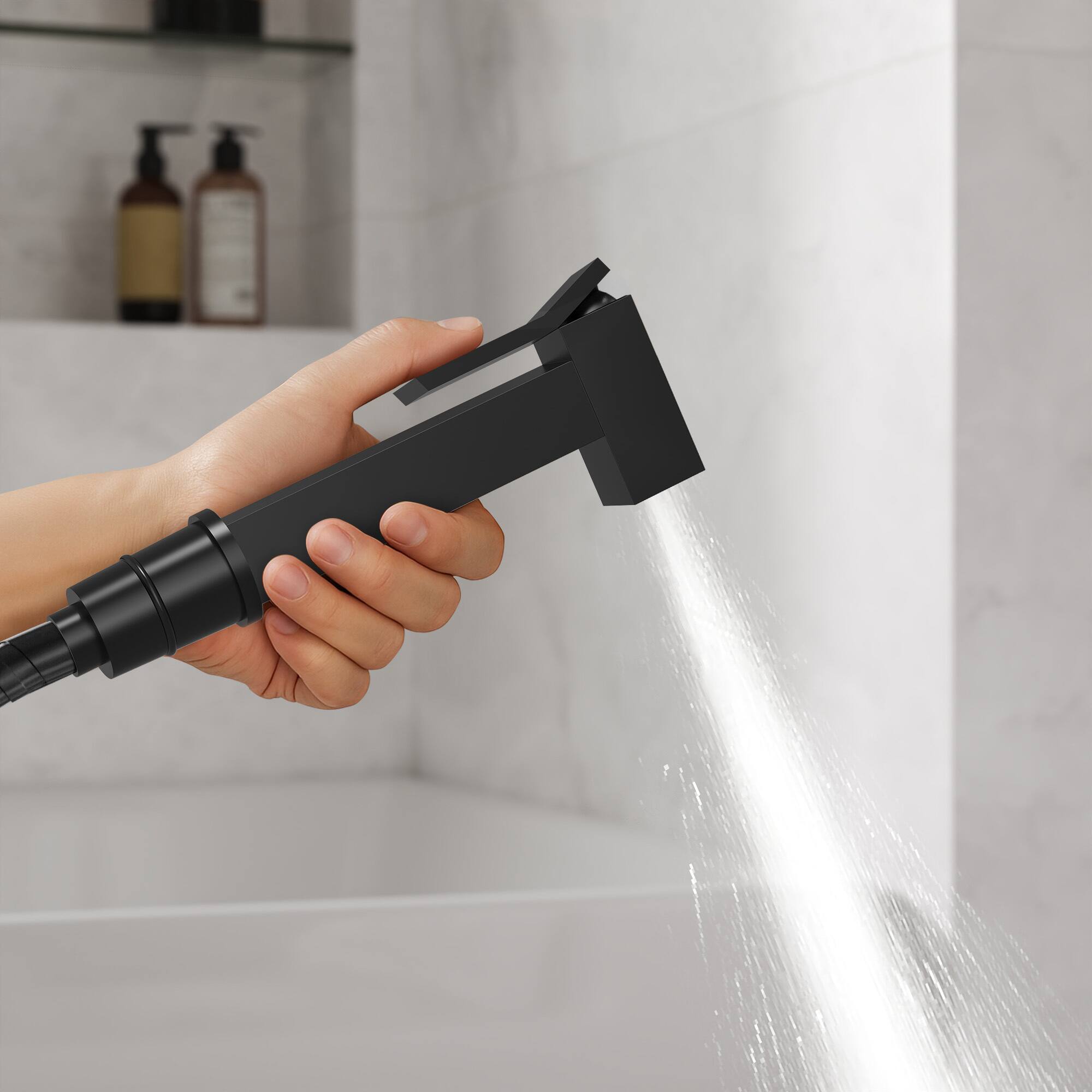 Alt View 10. GRANDJOY - Handheld Bidet Faucet with Hot and Cold Mixing Valve, Wall Mount Solid Brass Square Design - Matte Black.