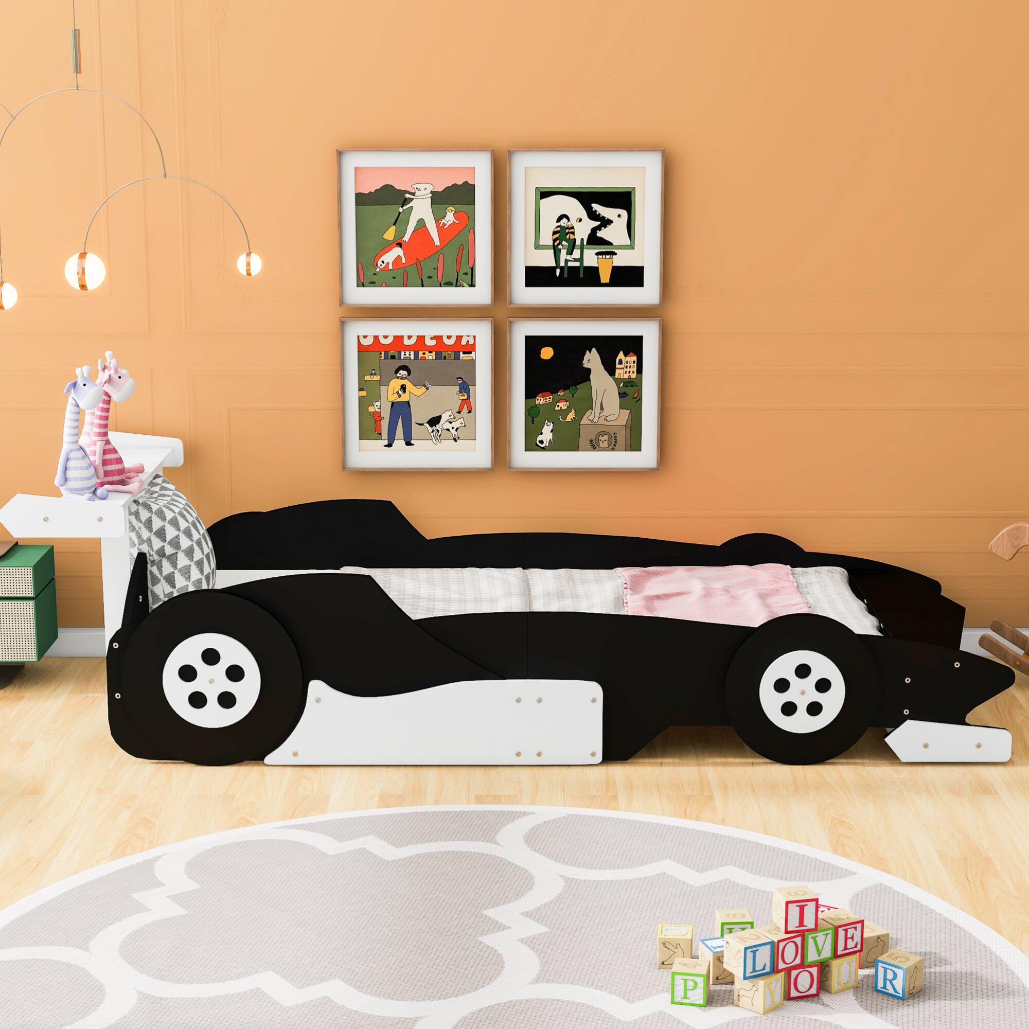 Back. GOODSILO - Twin Size Youth Race Car Themed Platform Bed with Side Rails and Decorative Wheels - Black.