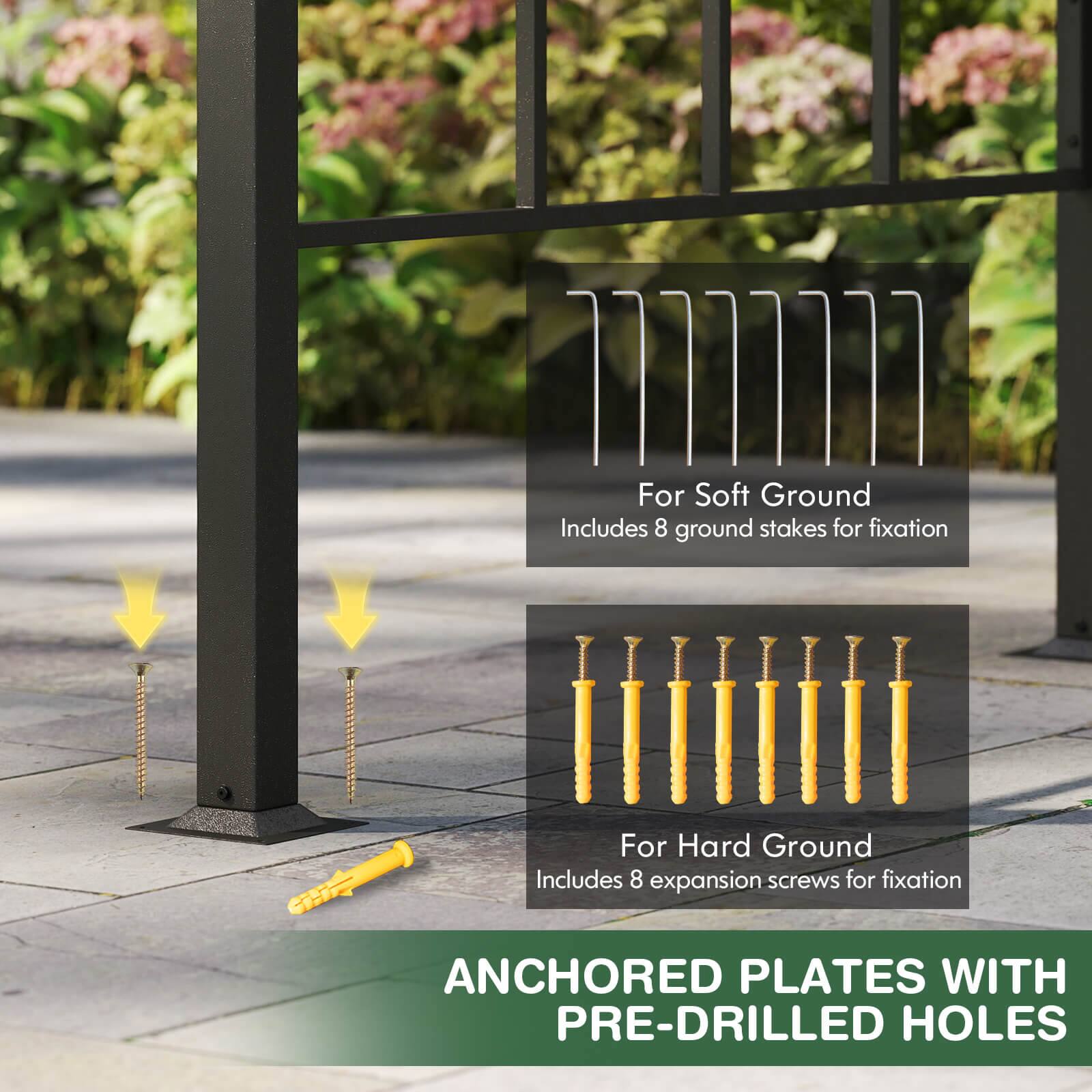For Soft Ground  
Includes 8 ground stakes for fixation  

For Hard Ground  
Includes 8 expansion screws for fixation  

ANCHORED PLATES WITH PRE-DRILLED HOLES