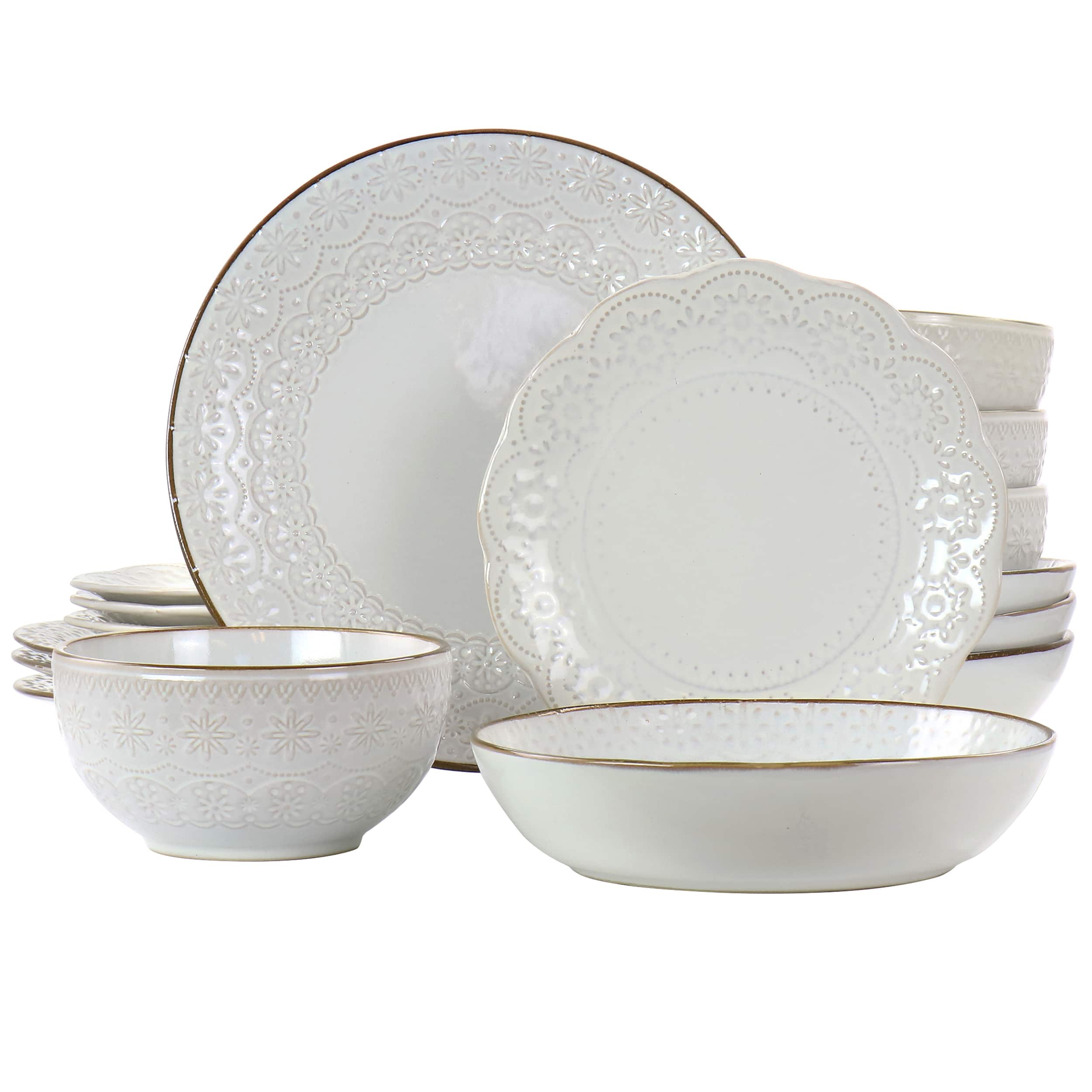 Front. Elama - Elama Countess 16 Piece Embossed Double Bowl Stoneware Dinnerware Set in Ivory - Ivory.