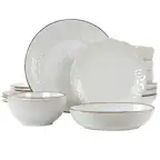 Front. Elama - Elama Countess 16 Piece Embossed Double Bowl Stoneware Dinnerware Set in Ivory - Ivory.