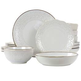 Elama - Countess 16 Piece Embossed Double Bowl Stoneware Dinnerware Set - Ivory