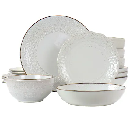 Front. Elama - Elama Countess 16 Piece Embossed Double Bowl Stoneware Dinnerware Set in Ivory - Ivory.