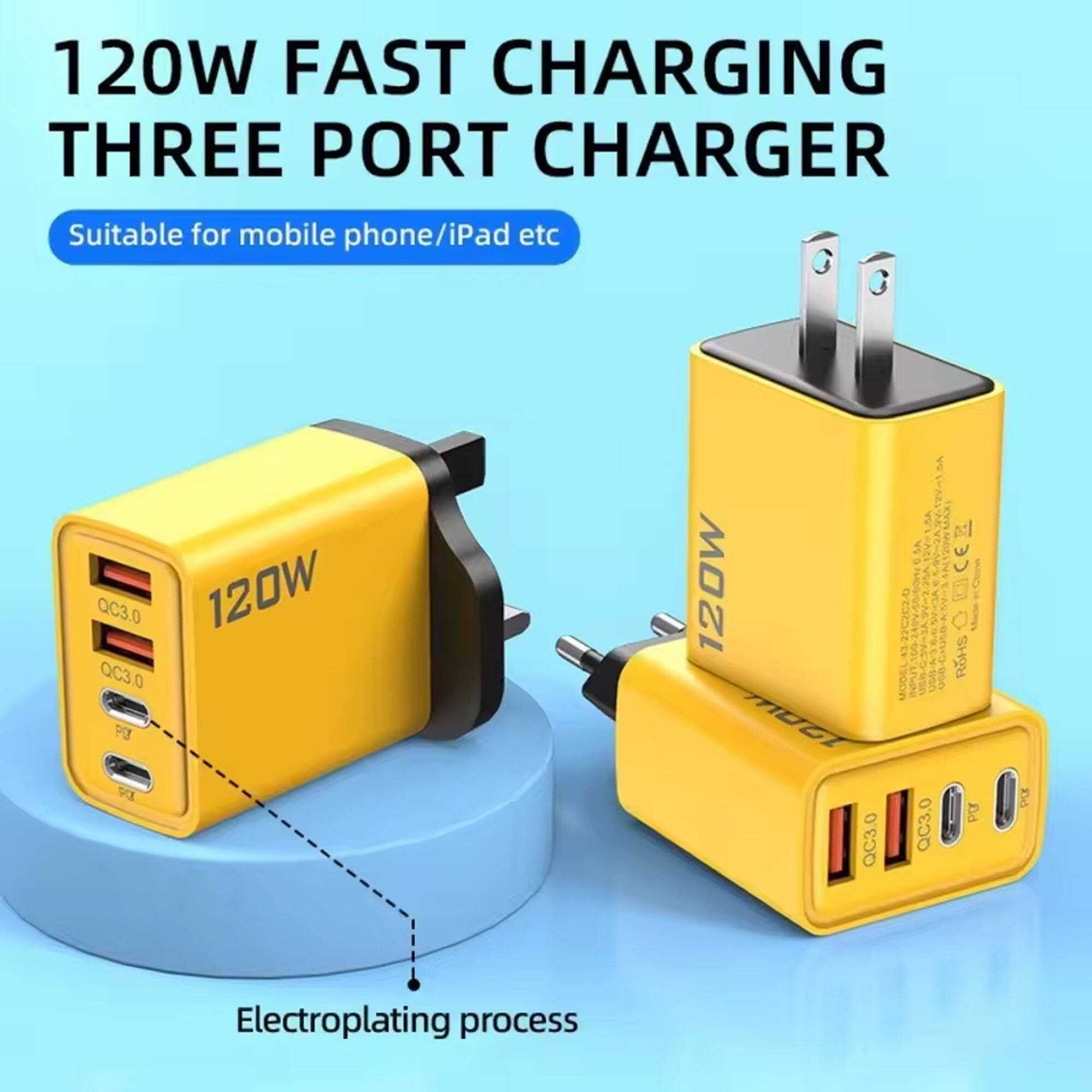 120W FAST CHARGING THREE PORT CHARGER  
Suitable for mobile phone/iPad etc.  
QC3.0  
120W  
Electroplating process