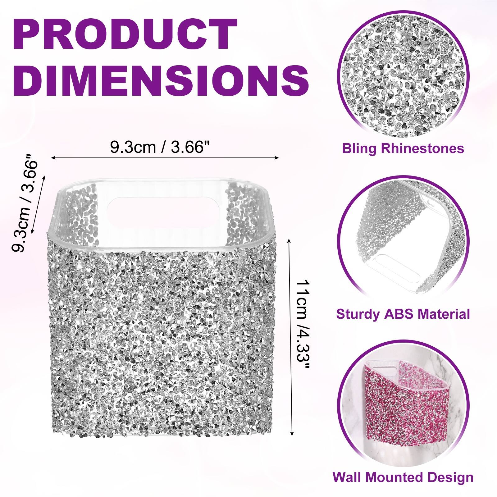 PRODUCT DIMENSIONS

9.3cm / 3.66"  
Bling Rhinestones  
Sturdy ABS Material  
Wall Mounted Design