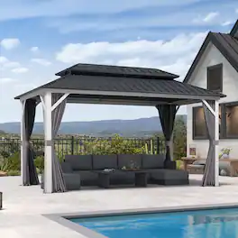 PURPLE LEAF - Outdoor Aluminum White Hardtop Gazebo with Galvanized Steel Double Roof with Netting and Curtains - 8' X 14'