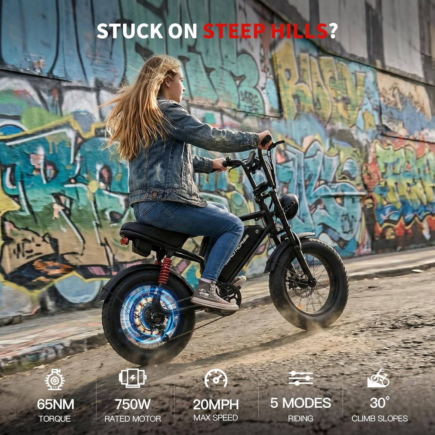 STUCK ON STEEP HILLS?

- 65NM TORQUE
- 750W RATED MOTOR
- 20MPH MAX SPEED
- 5 MODES
- 30° RIDING CLIMB SLOPES