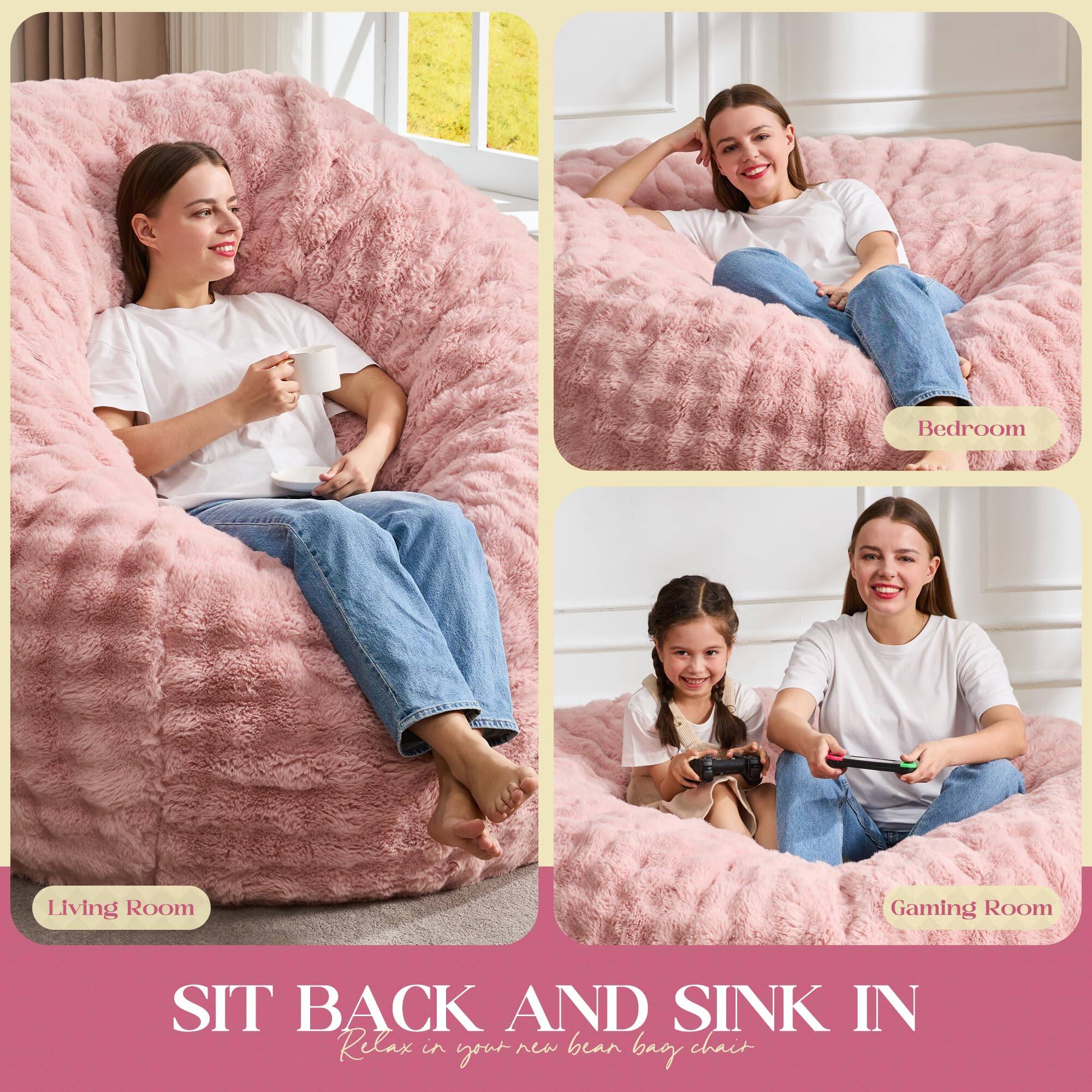 Sure, here is the corrected and grouped text:

---

**Bedroom**

**Living Room**

**Gaming Room**

**SIT BACK AND SINK IN**

Relax in your new bear baby chair

---