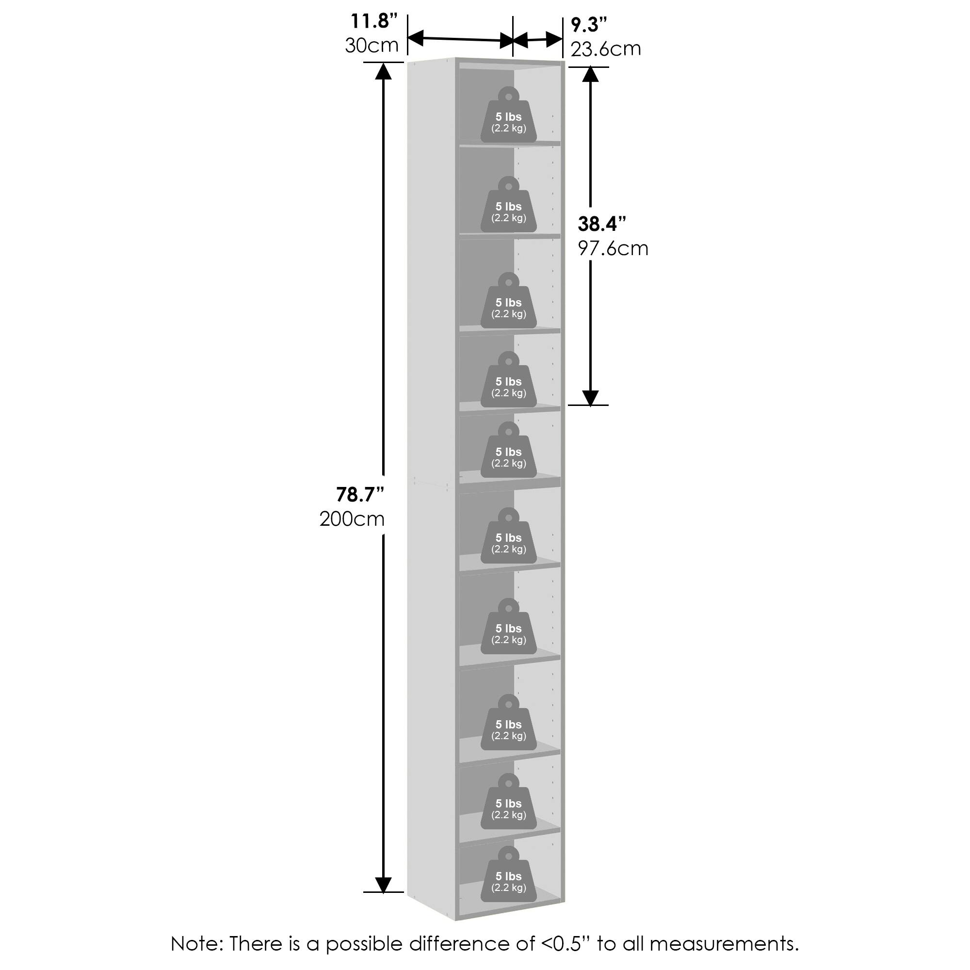 11.8" (30cm)  
9.3" (23.6cm)  
38.4" (97.6cm)  
78.7" (200cm)  

5 lbs (2.2 kg)  
5 lbs (2.2 kg)  
5 lbs (2.2 kg)  
5 lbs (2.2 kg)  
5 lbs (2.2 kg)  
5 lbs (2.2 kg)  

Note: There is a possible difference of <0.5" to all measurements.