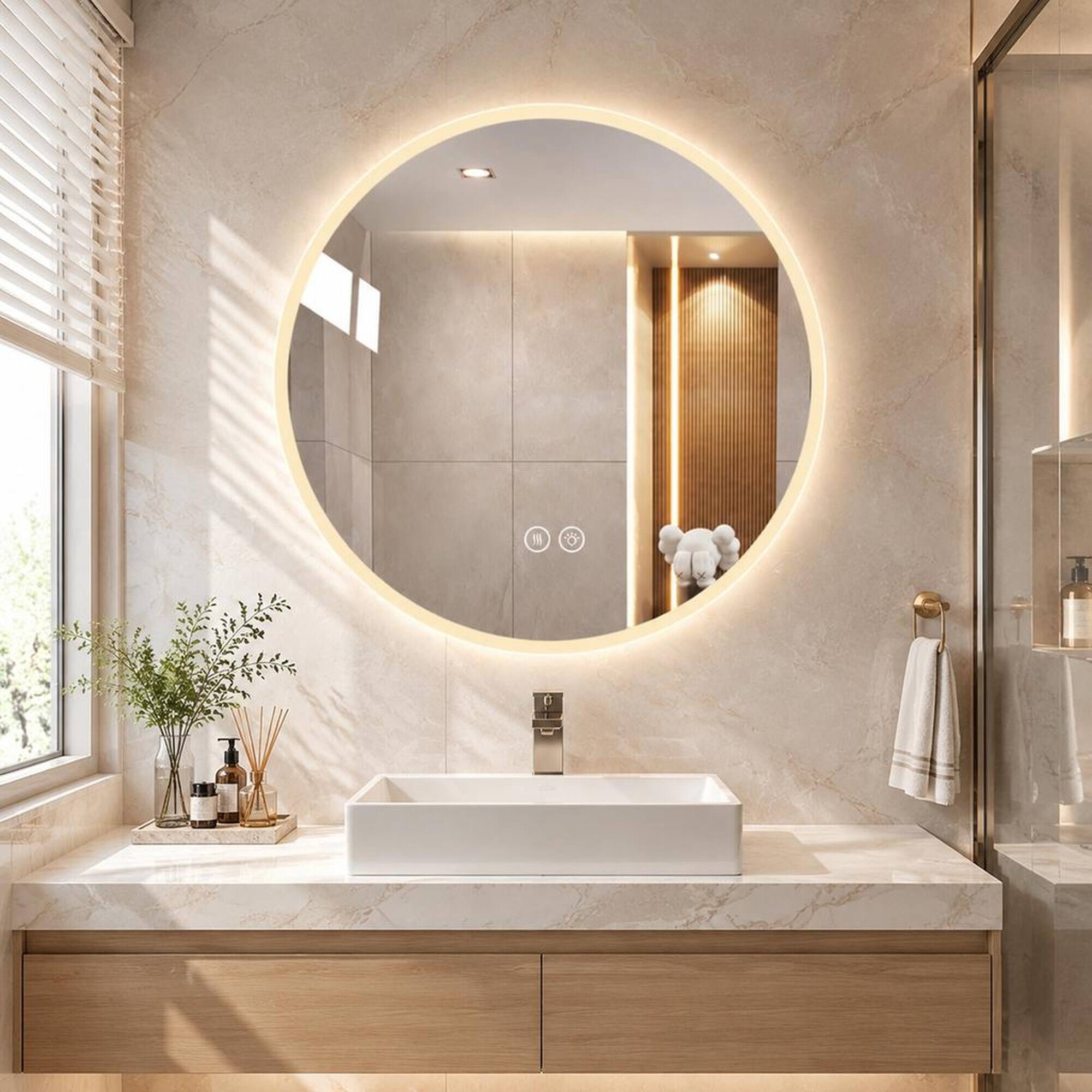 RYHNUYNE Round LED Bathroom Mirror, Wall Mounted Vanity Mirror, Anti ...