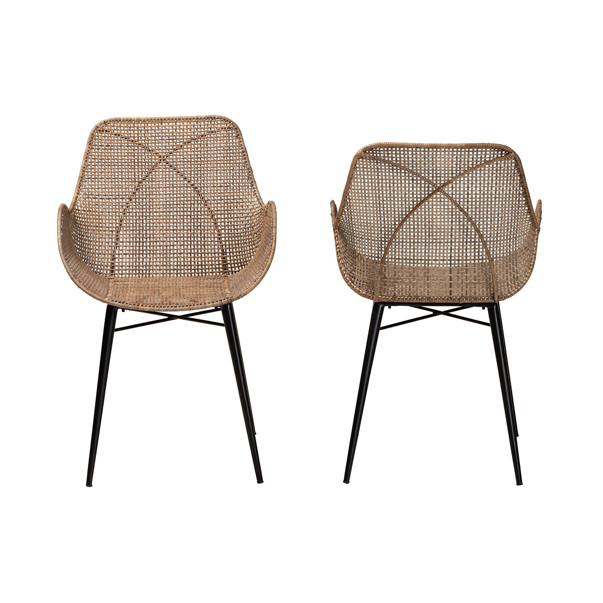 Angle. bali & pari - Ballerina Modern Bohemian Rattan and Metal 2-Piece Dining Chair Set - Greywash/Black.