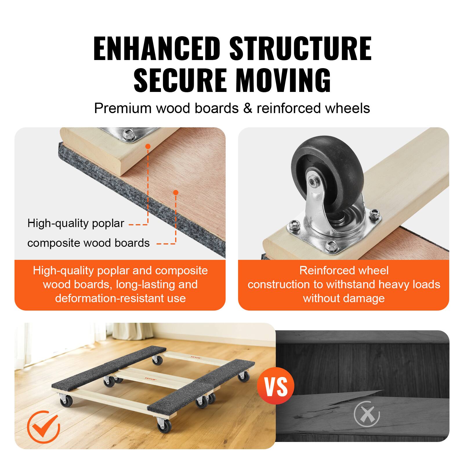 ENHANCED STRUCTURE SECURE MOVING

Premium wood boards & reinforced wheels

- High-quality poplar composite wood boards
- High-quality poplar and composite wood boards, long-lasting and deformation-resistant use
- Reinforced wheel construction to withstand heavy loads without damage

CO VS X