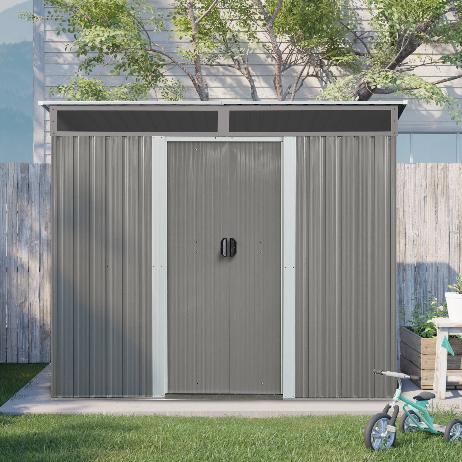 Angle. Mondawe - 8ft x 6ft Outdoor Metal Storage with Lockable Sliding Doors - Gray.