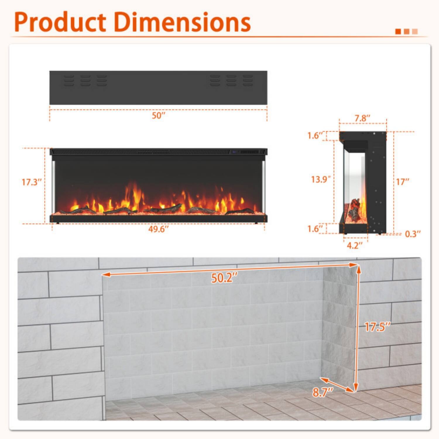 Product Dimensions

- 50"
- 7.8"
- 1.6"
- 17.3"
- 13.9"
- 17"
- 49.6"
- 1.6"
- 4.2"
- 0.3"
- 50.2"
- 17.5"
- 8.7"