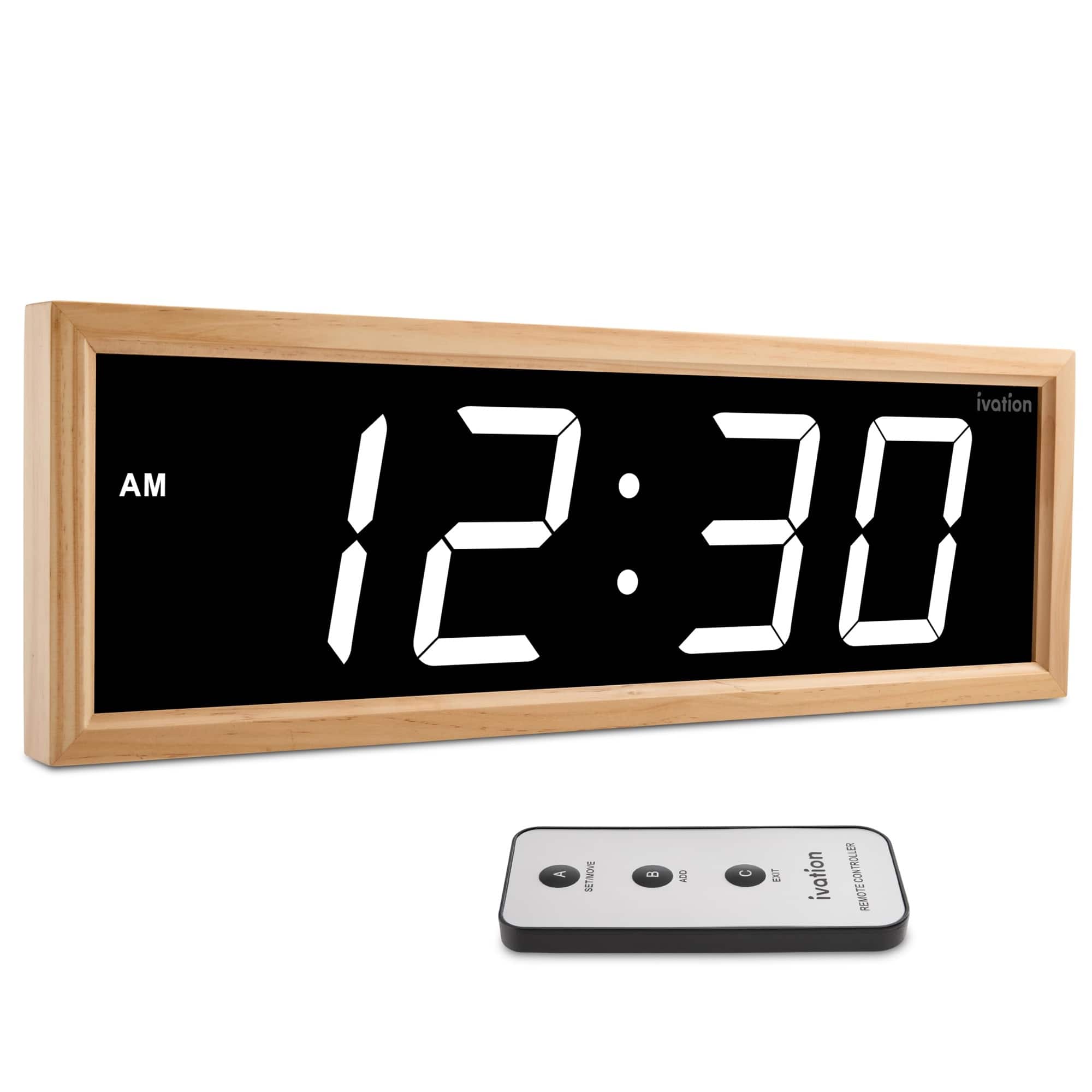 Ivation - 18" Digital Wall Clock – Natural Wood Frame - White