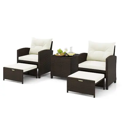 Front. Costway - 5 Piece Patio Rattan Furniture with 2 Ottomans & Tempered Glass Coffee Table - Off White + Mix Brown.