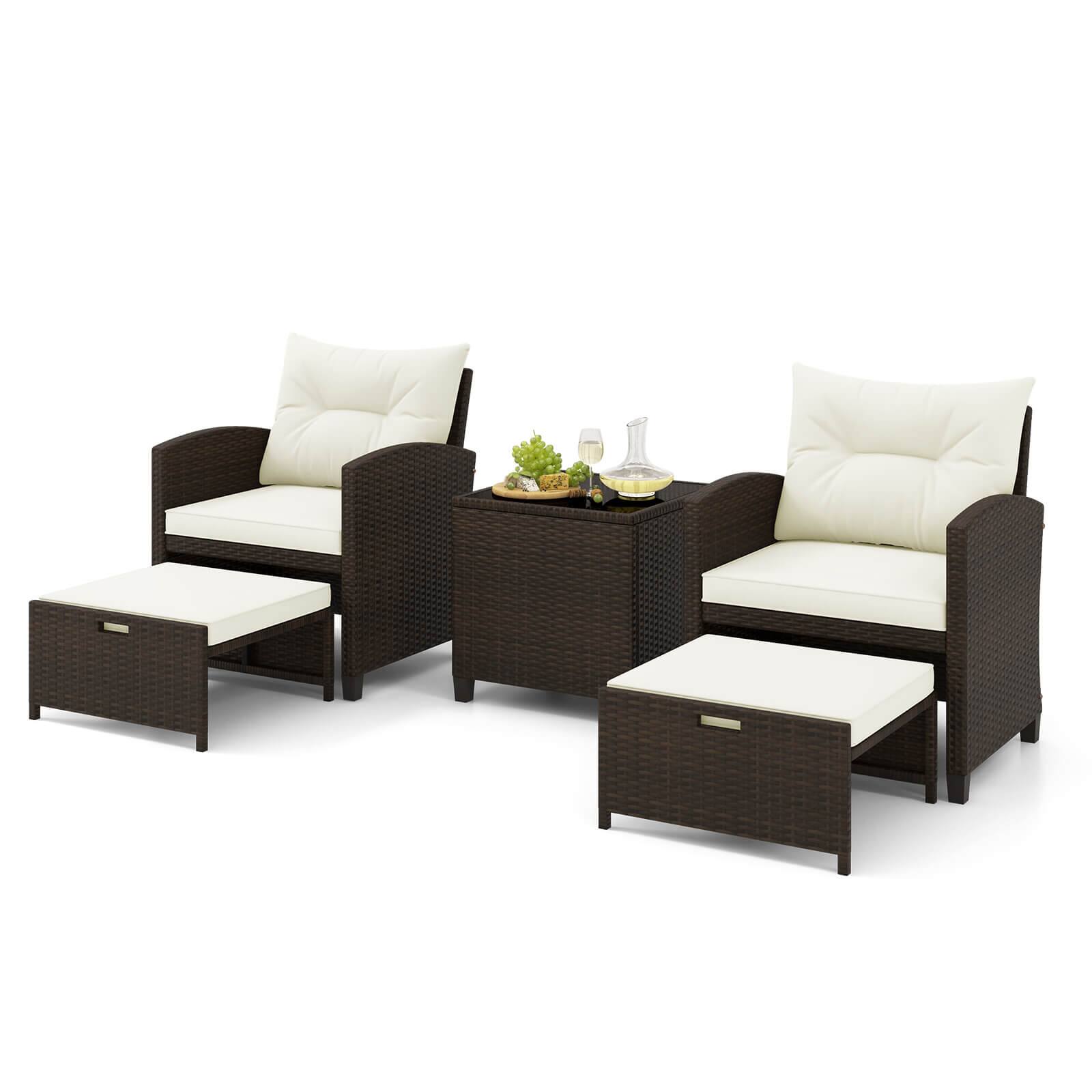 Costway - 5 Piece Patio Rattan Furniture with 2 Ottomans & Tempered Glass Coffee Table - Off White + Mix Brown