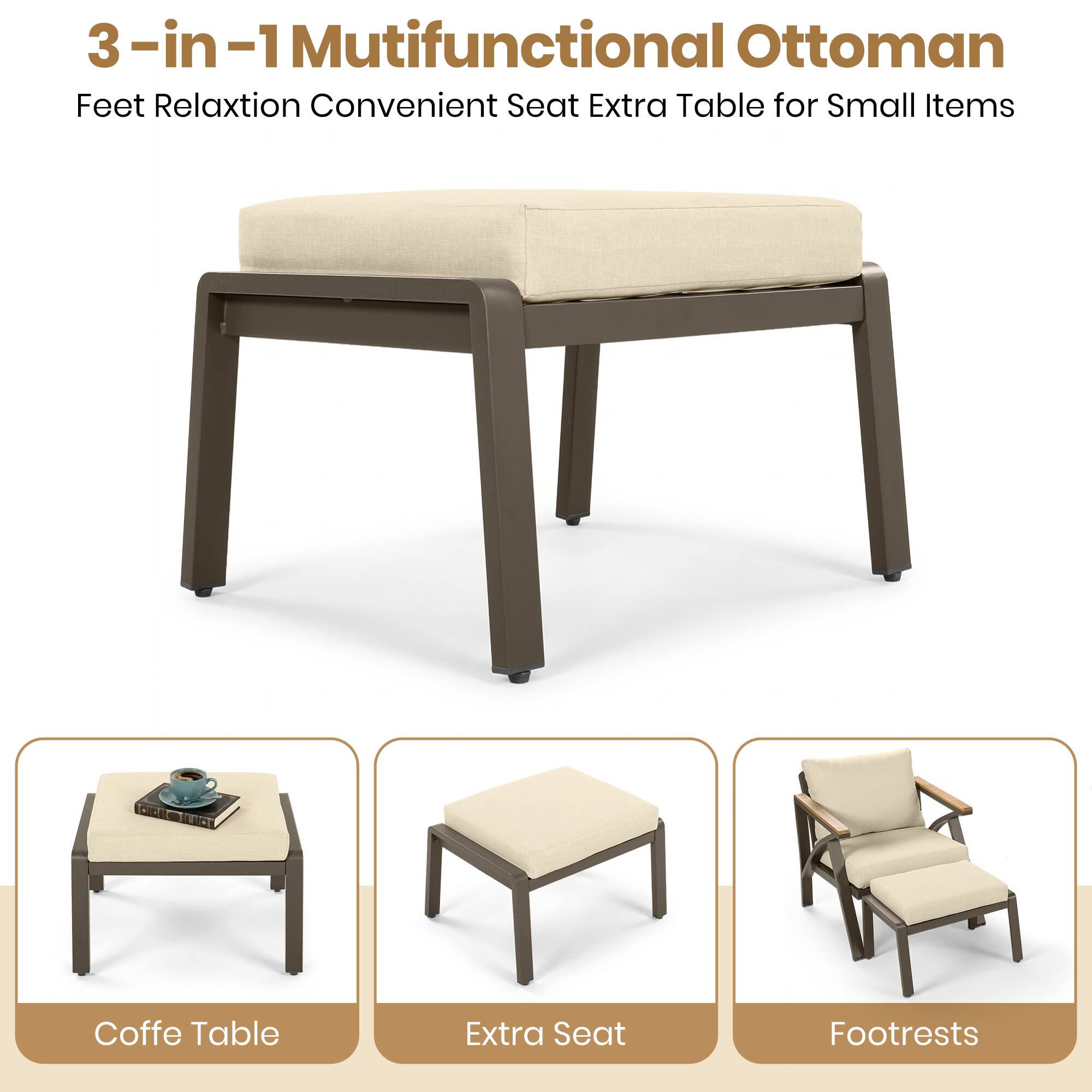 3-in-1 Multifunctional Ottoman  
Feet Relaxation Convenient Seat Extra Table for Small Items  

Coffe Table  
Extra Seat  
Footrests