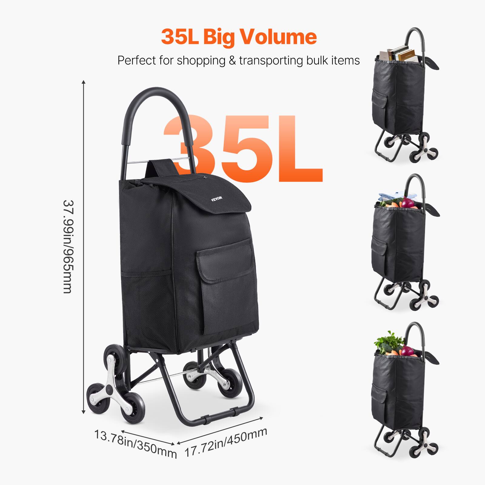 35L Big Volume  
Perfect for shopping & transporting bulk items  

37.99in/965mm  
13.78in/350mm  
17.72in/450mm