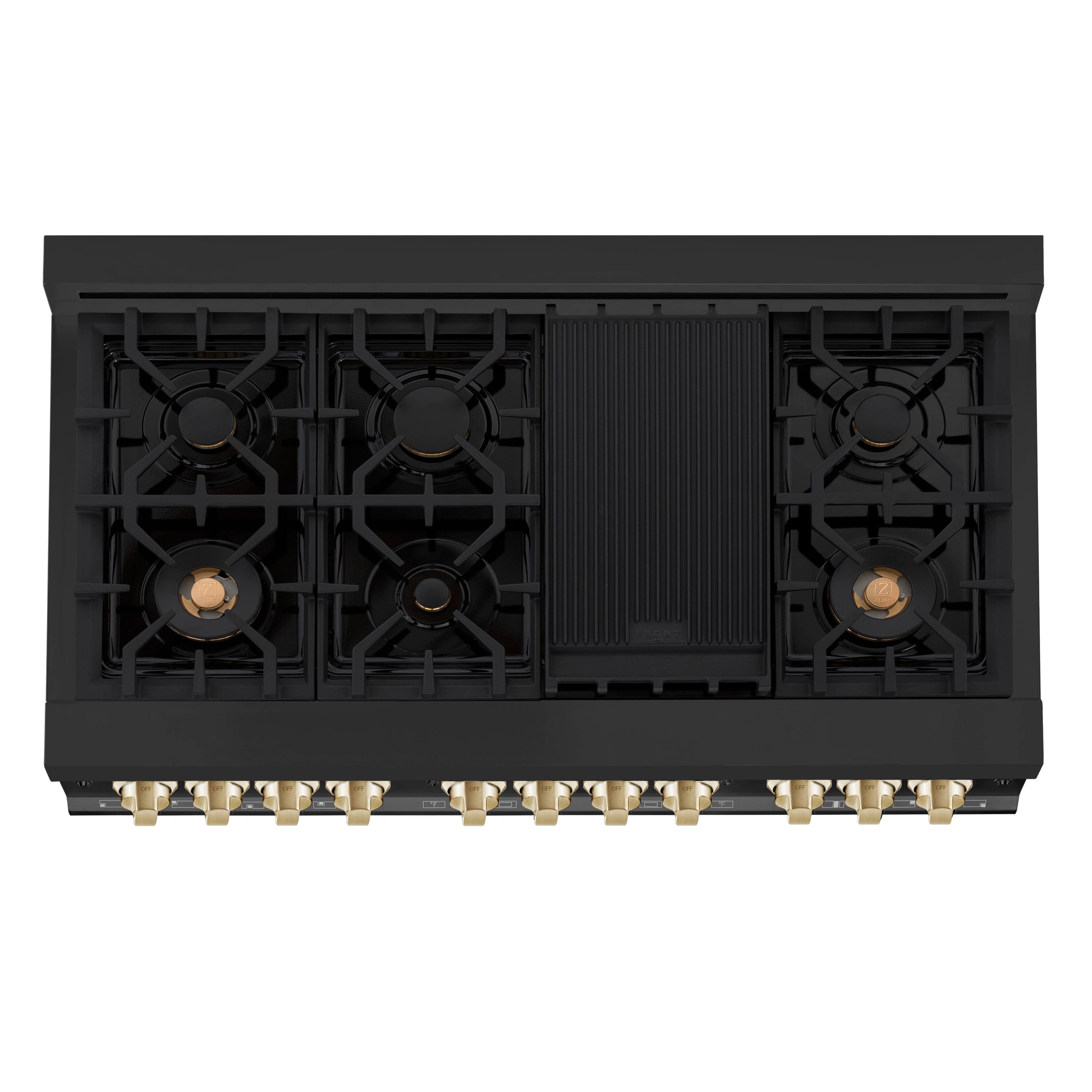 Alt View 8. ZLINE - Autograph 48 in. 6.0 cu. ft. Freestanding Legacy Dual Fuel Range with 7 Burners in Black Steel & Gold Accents - Black.