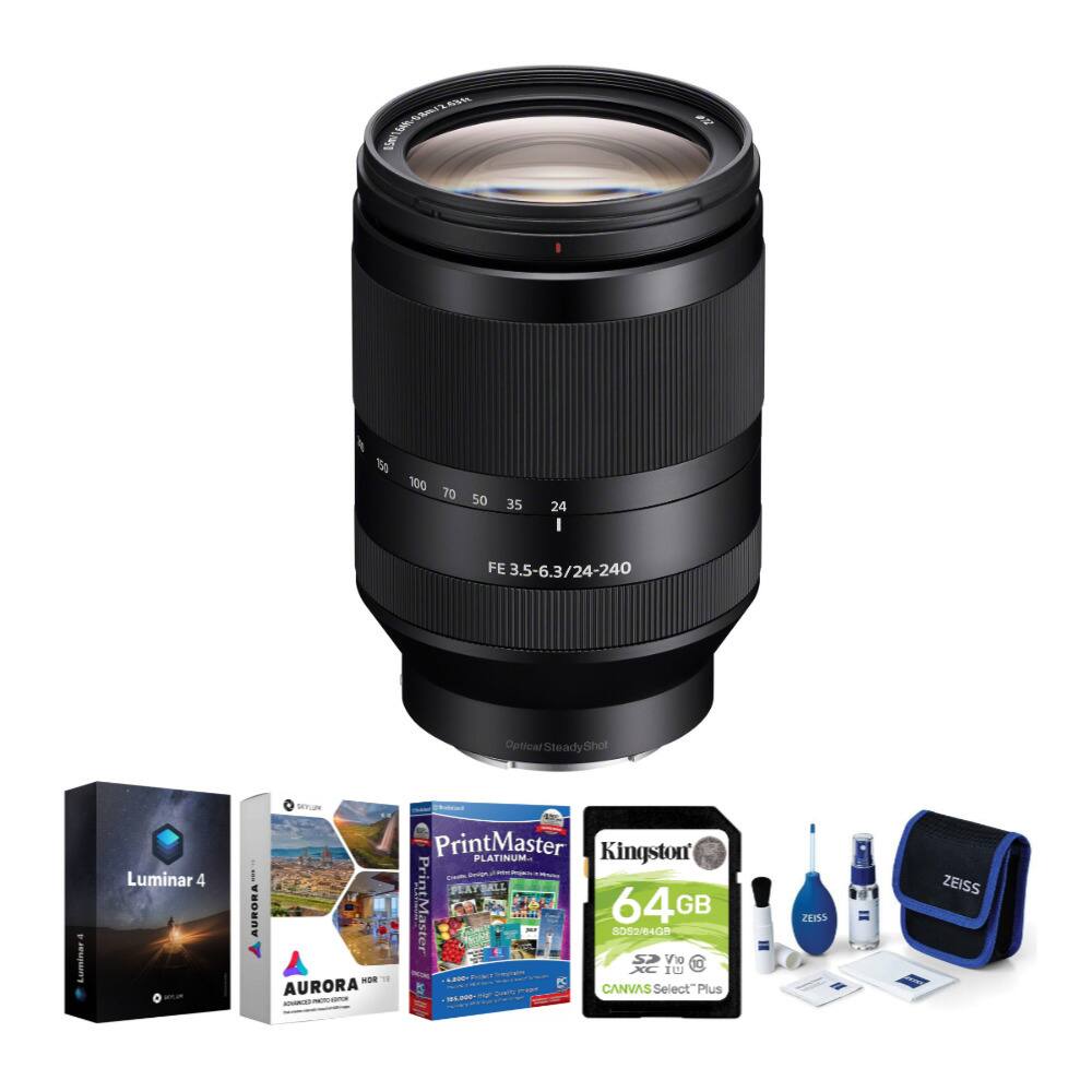 Sure, here is the corrected and grouped text:

**Camera Lens:**
- FE 3.5-6.3/24-240
- Optical SteadyShot

**Software:**
- Luminar 4
- AURORA HDR
- PrintMaster Platinum EXTRALL

**Storage:**
- Kingston 64GB U3 V30

**Other Items:**
- CANVAS Select Plus
- ZEISS