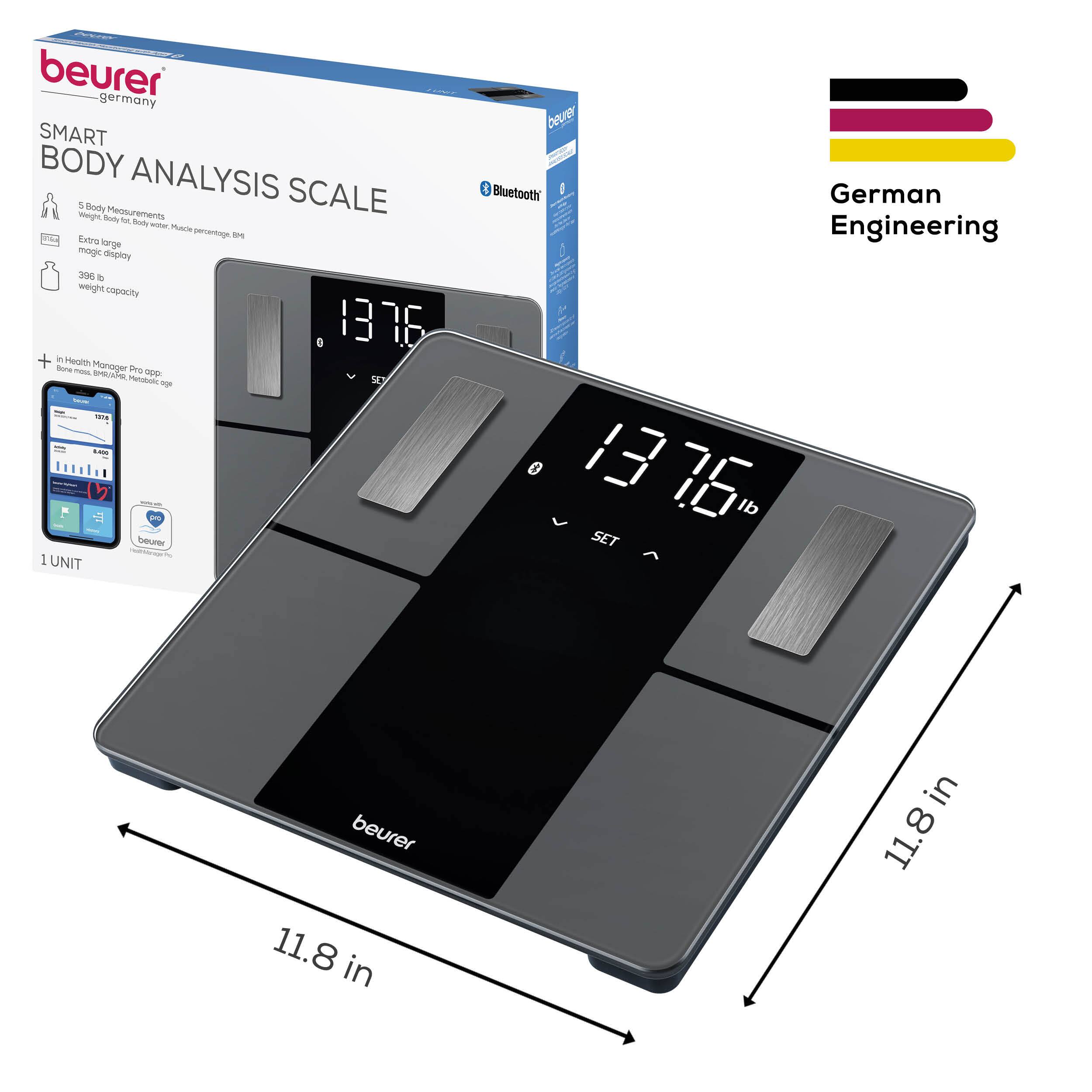 beurer germany SMART BODY ANALYSIS SCALE - Body Measurements - Body Fat Percentage - Muscle Mass - Water Percentage - Magic Display - 398 lb weight capacity - Health Manager Pro app - Bluetooth - German Engineering - 1 UNIT - 11.8 in