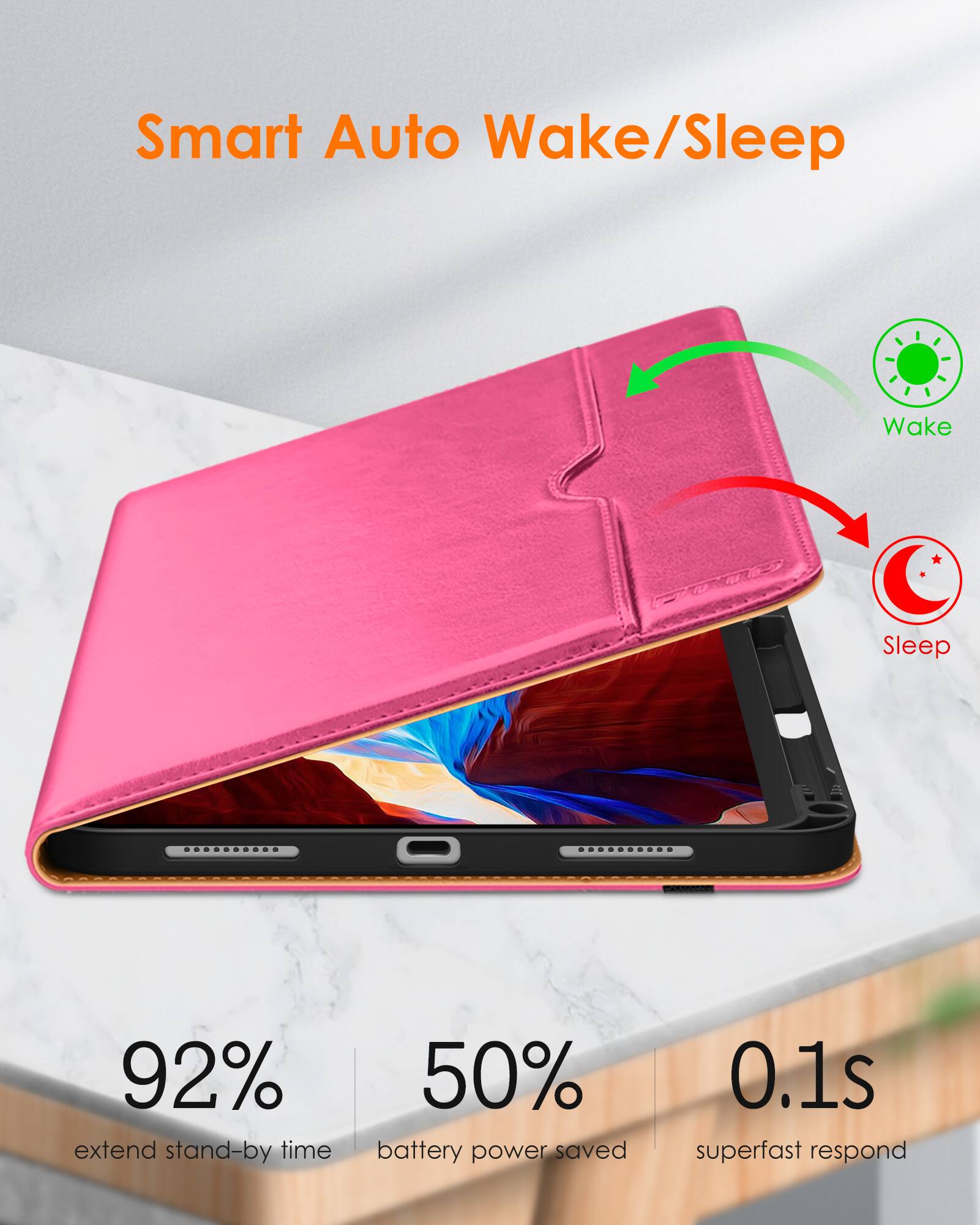 Smart Auto Wake/Sleep

- 92% extend stand-by time
- 50% battery power saved
- 0.1s superfast respond

Wake
Sleep