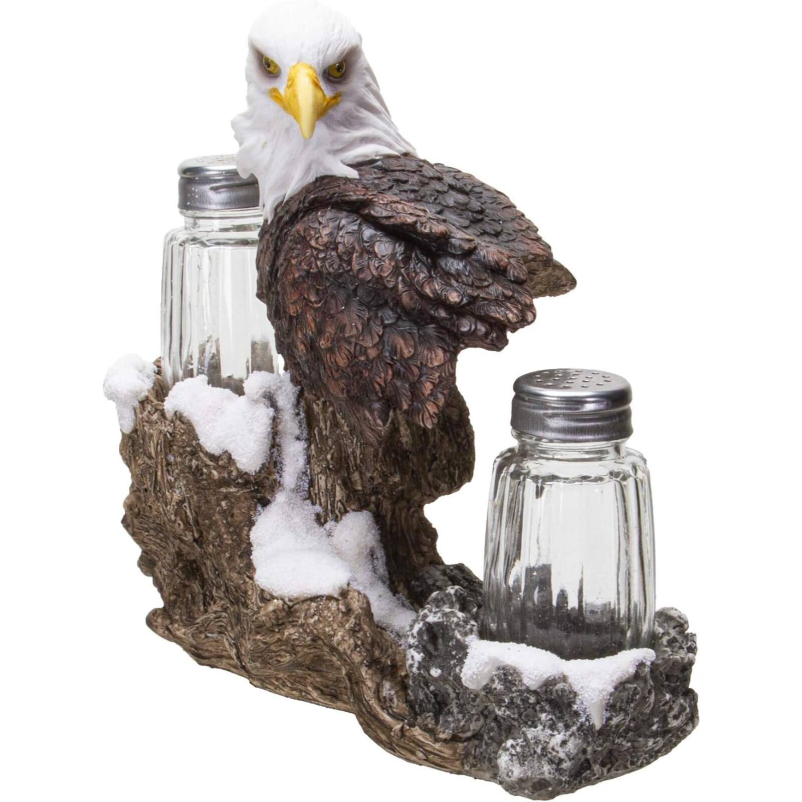 Back. Pacific Trading - American Bald Sea Eagle Spiritual Realistic Decorative Glass Salt and Pepper Shakers Set with Resin Holder Stand - Multicolor.