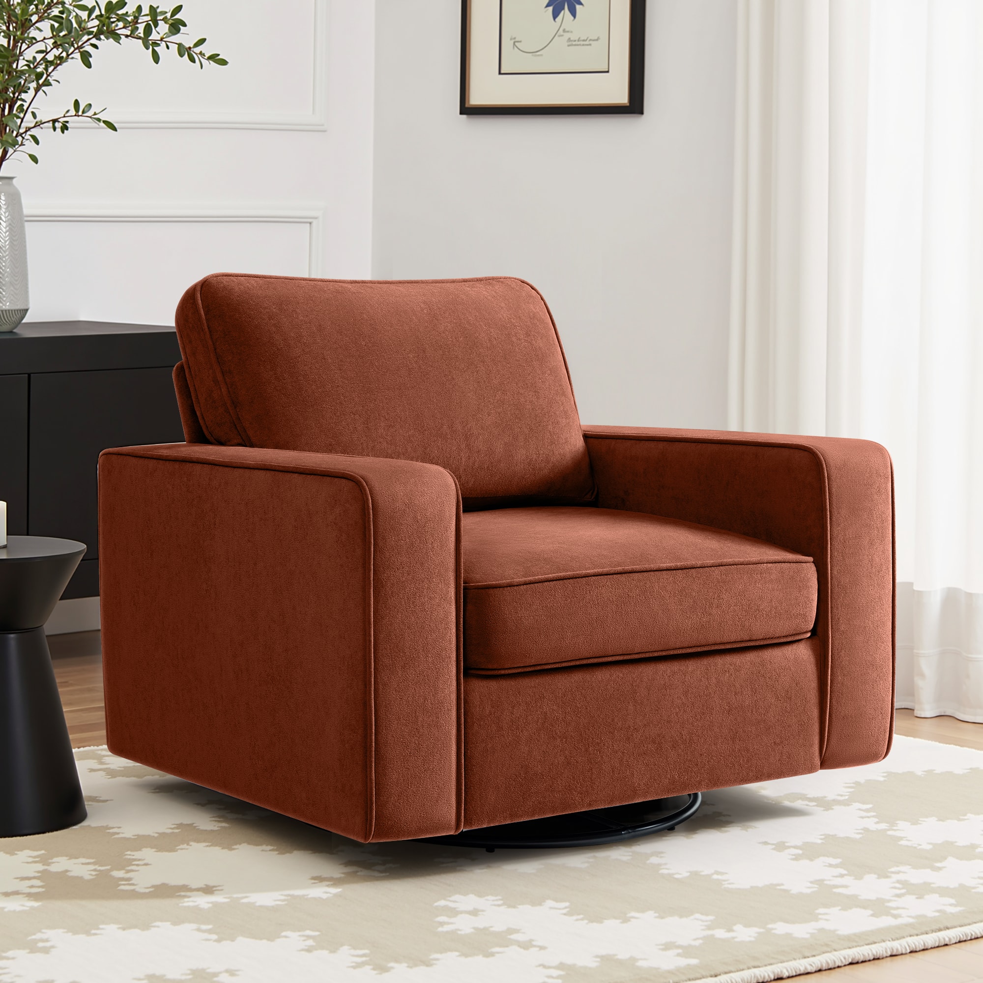 Front. KERDOM - Swivel Barrel Sofa Chair, Modern Single Sofa Lounge Bucket Armchair, Rotating Accent Sofa Rotation Base, Washable Pillow - Reddish Brown.