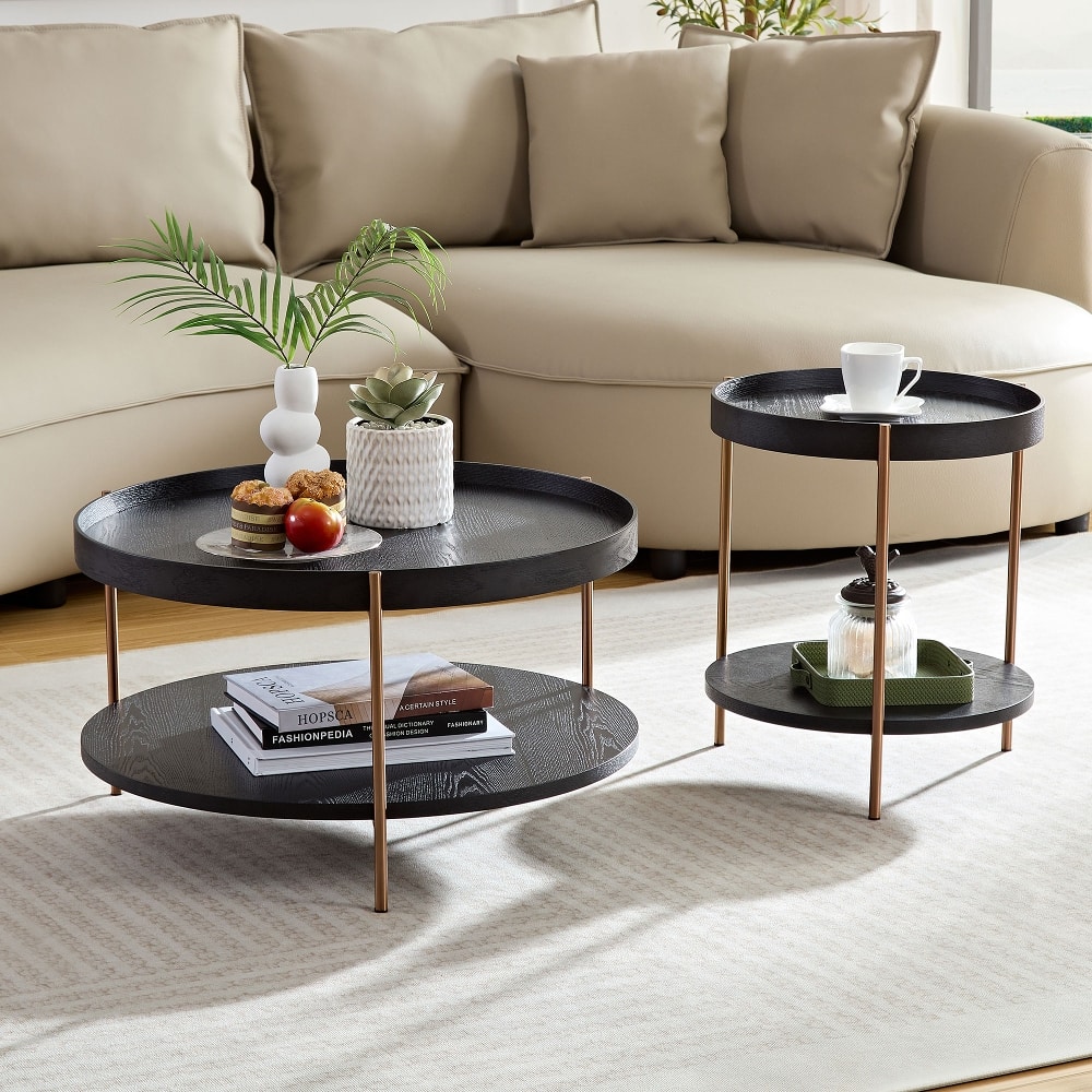 Loheer - 2-Piece Modern Round Nesting Coffee Table Set MDF 2 Tier Side Tables for Living Room Bedroom Office - Black price history on PriceWatchPro