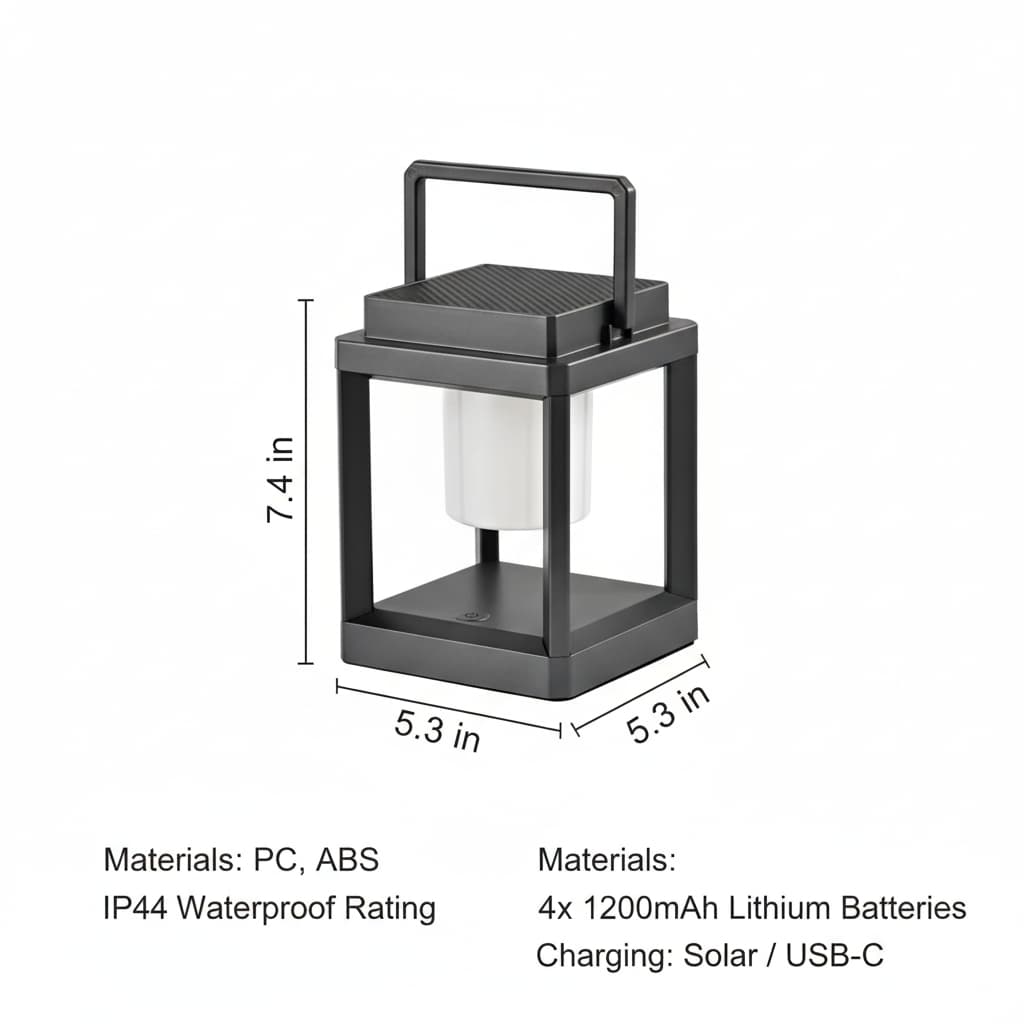 7.4 in  
4 5.3 in  
5.3 in  

Materials: PC, ABS  
IP44 Waterproof Rating  

Materials:  
4x 1200mAh Lithium Batteries  
Charging: Solar / USB-C