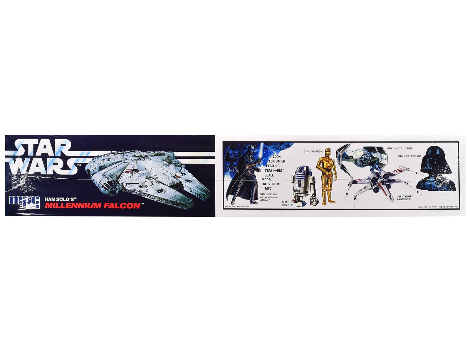 STAR WARS  
HAN SOLO'S  
MILLENNIUM FALCON  

LOOK FOR OTHER EXCITING STAR WARS SCALE MODEL KITS FROM MPC  

MODEL KITS FROM MPC  
DARTY VADER™ FIGURE  
LIGHT UP  
DARTY VADER™ TIE FIGHTER  
DARTY VADER™ ACTION HEAD  
LUKE SKYWALKER™ X-WING FIGHTER  

Not all MPC kits available  

Images shown for illustrative purposes only