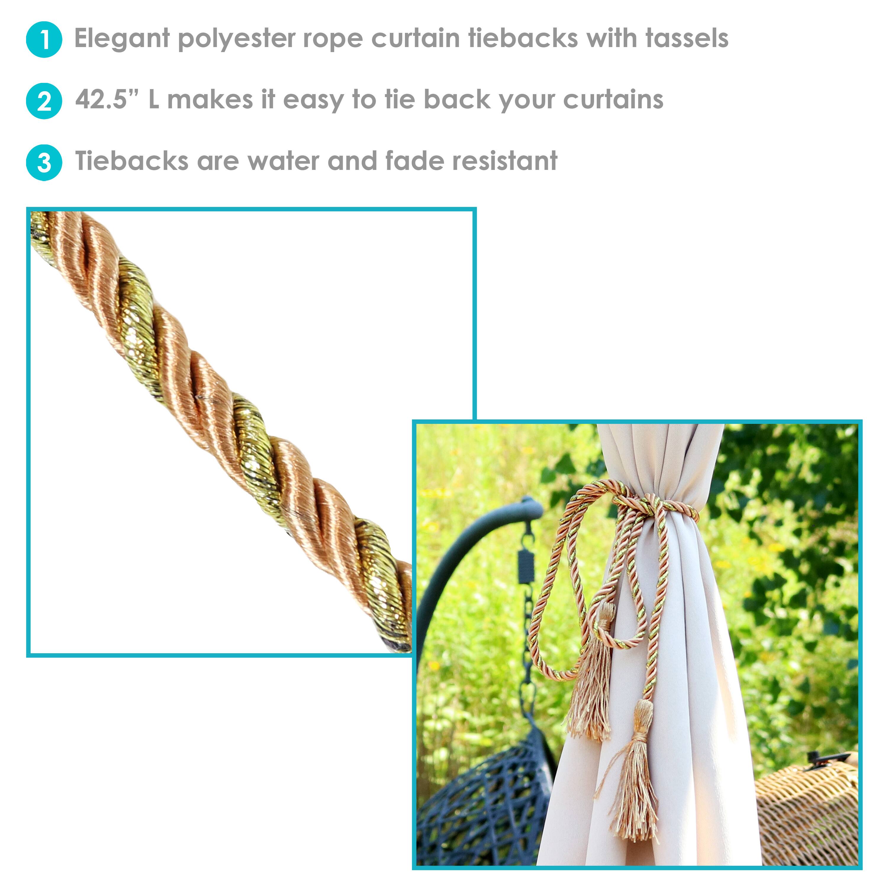 1. Elegant polyester rope curtain tiebacks with tassels
2. 42.5" L makes it easy to tie back your curtains
3. Tiebacks are water and fade resistant
