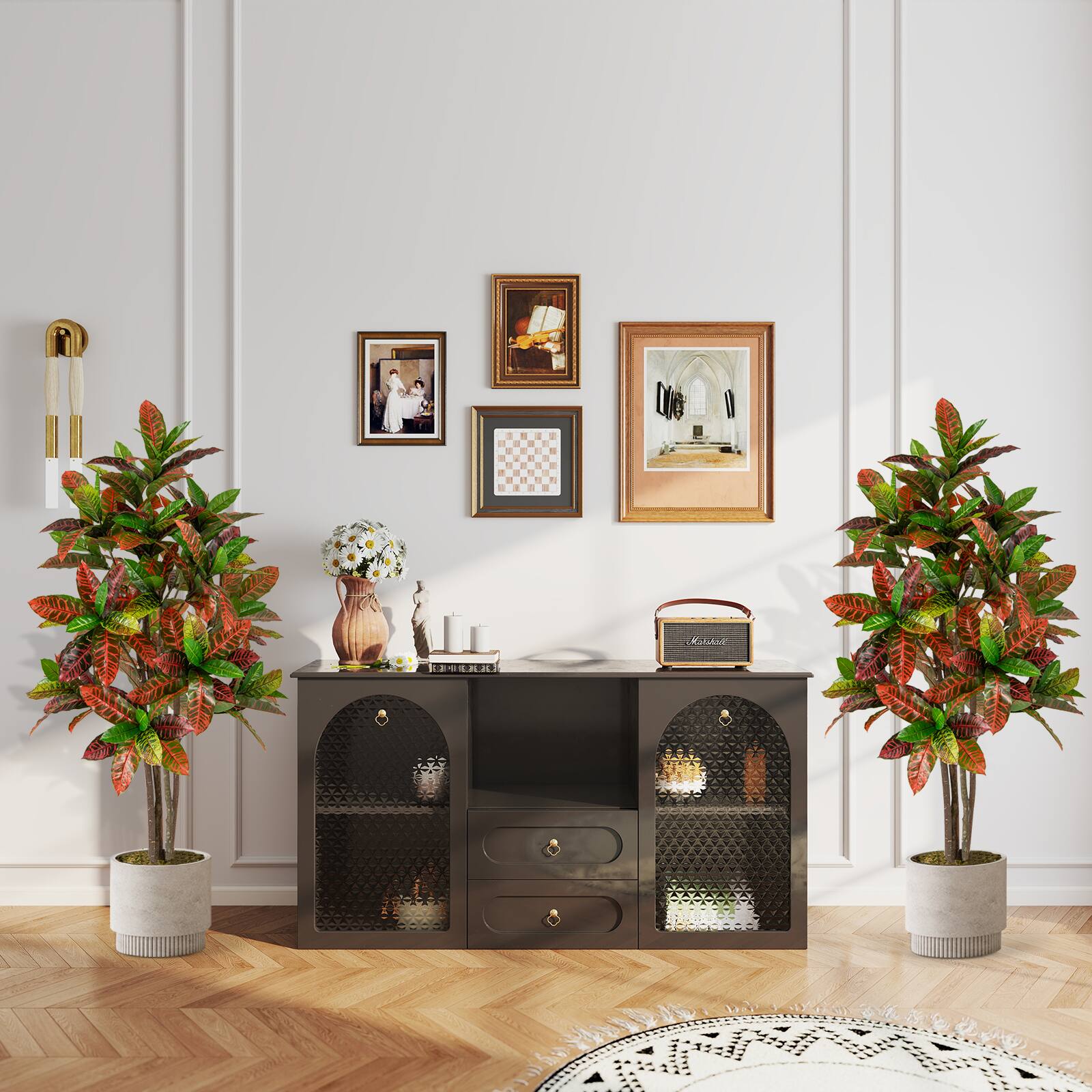 Alt View 3. Gymax - Gymax 2PCS 5 FT Artificial Croton Plant w/ Multi-colored PEVA Leaves Solid Wood Trunk - Green, Red, Yellow, Brown.