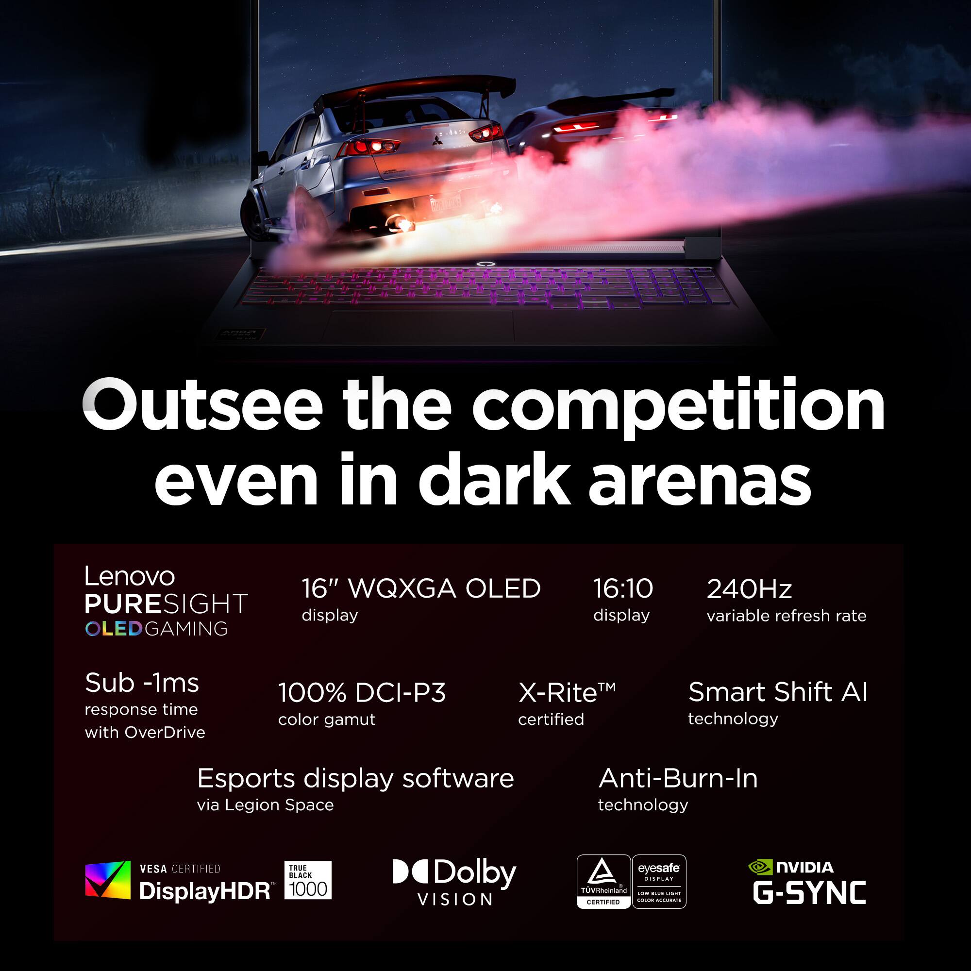 Outsee the competition even in dark arenas

Lenovo 16" WQXGA OLED PURESIGHT display OLED GAMING 16:10 display 240Hz variable refresh rate Sub -1ms response time with OverDrive 100% DCI-P3 color gamut X-RiteM certified Smart Shift AI technology Esports display software via Legion Space Anti-Burn-In technology VESA CERTIFIED TRuE BLACK DisplayHDR 1000 Dolby VISION eyesafe

TUVRentand I - CERTEO - CS NVIDIA G-SYNC