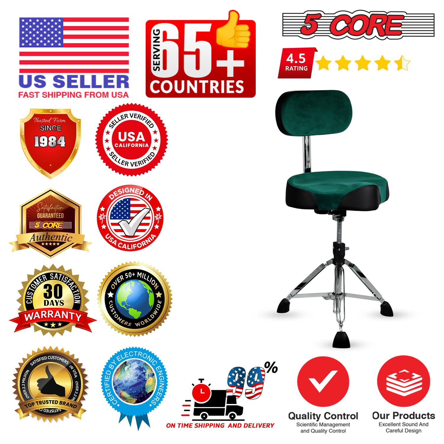 Sure, here is the corrected and grouped text from the image:

---

**US SELLER**  
FAST SHIPPING FROM USA

**5 CORE**  
4.5 RATING

**65+ COUNTRIES**  
SINCE 1984

**TRUSTED SINCE 1984**

**SELLER VERIFIED**  
USA CALIFORNIA

**DESIGNED IN**  
USA CALIFORNIA

**SATISFACTION GUARANTEED**

**5 CORE**  
Authentic

**30 DAYS WARRANTY**

**OVER 50+ MILLION**  
CUSTOMERS WORLDWIDE

**SATISFIED CUSTOMERS**

**TOP TRUSTED BRAND**

**ON TIME SHIPPING AND DELIVERY**

**QUALITY CONTROL**  
Scientific Management and Quality Control

**OUR PRODUCTS**  
Excellent Sound And Careful Design

**CERTIFIED BY ELECTRONIC ENGINEERS**

**%**  
USA

---