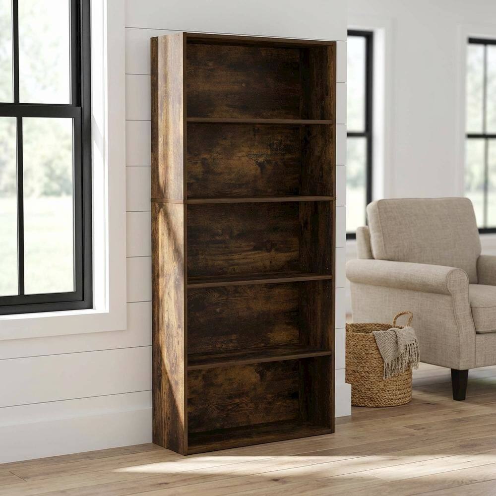 Angle. FurniFact - Amber Pine 5-Tier Bookshelf with Adjustable Shelves for Organization - Amber Pine.