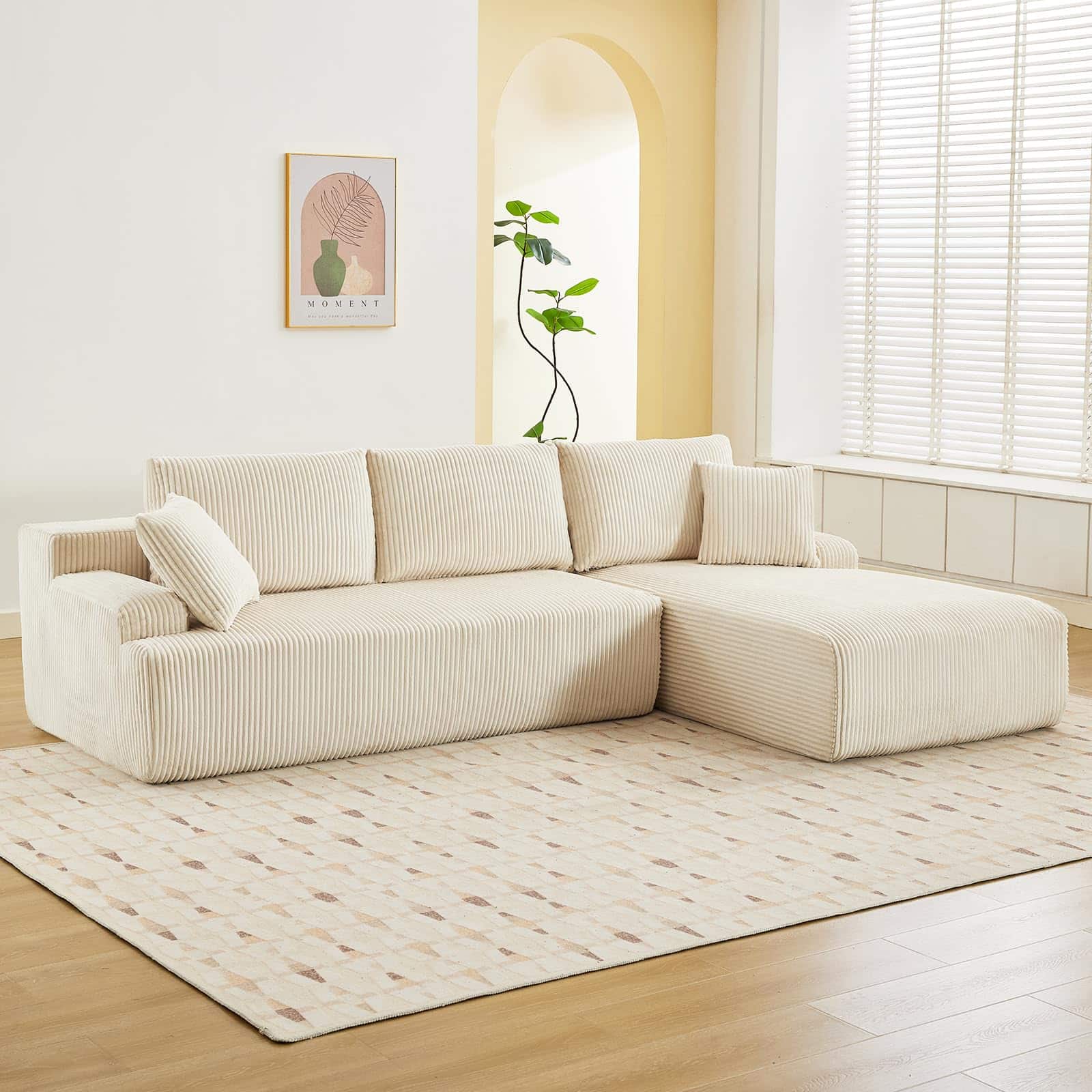 Babevy - 106" Modular L-Shaped Cloud Couch, Deep Seat Corduroy Sectional Sofa with Memory Foam, L/R Facing Chaise - Beige