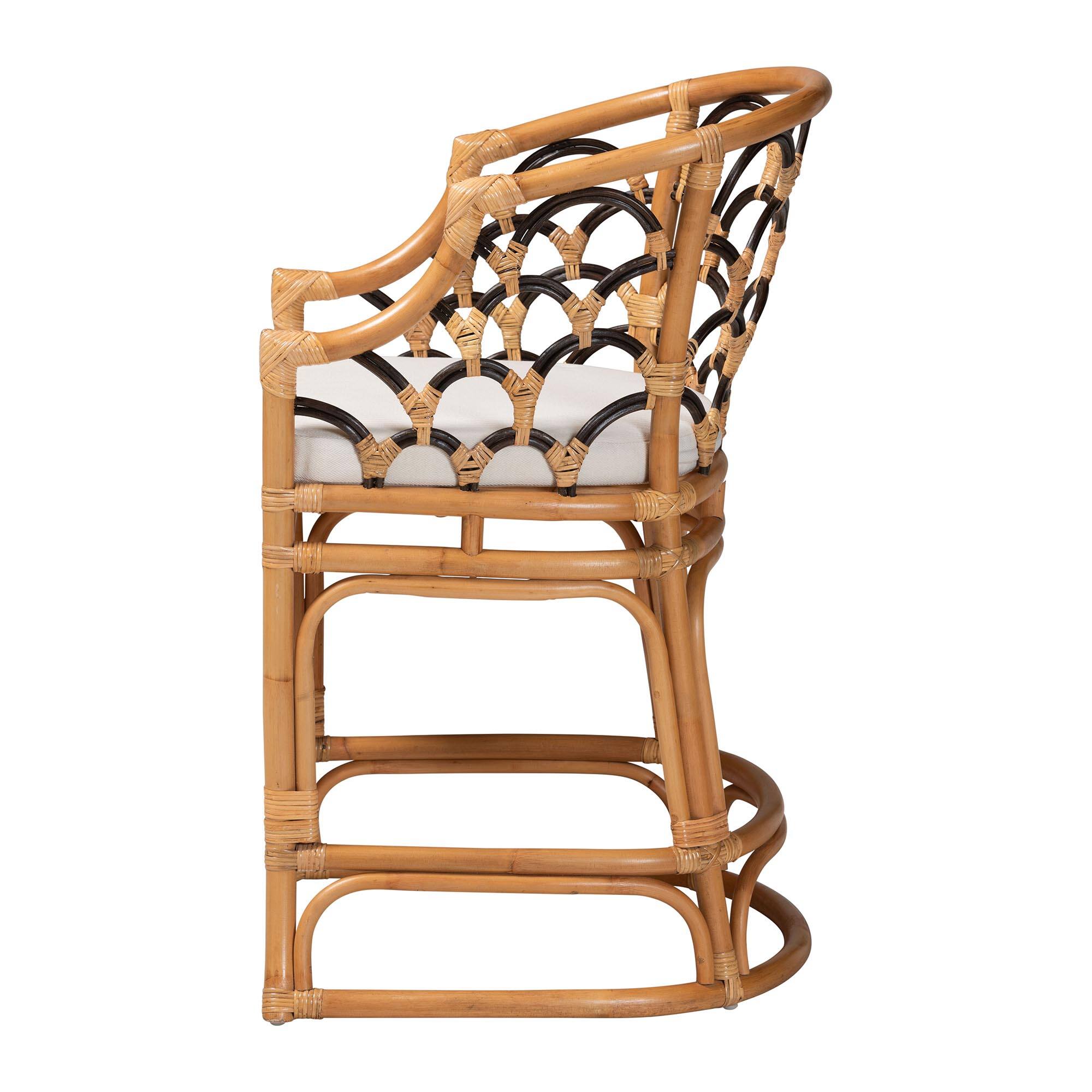 Left. bali & pari - Veneto Natural Rattan Counter Stool with Scalloped Back - Light Honey/Dark Brown.