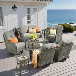 Ovios - 8 PCS Patio Furniture Sofa Set Rattan Couch with Swivel Chair, Coffee Table & Side Table - Dark Gray