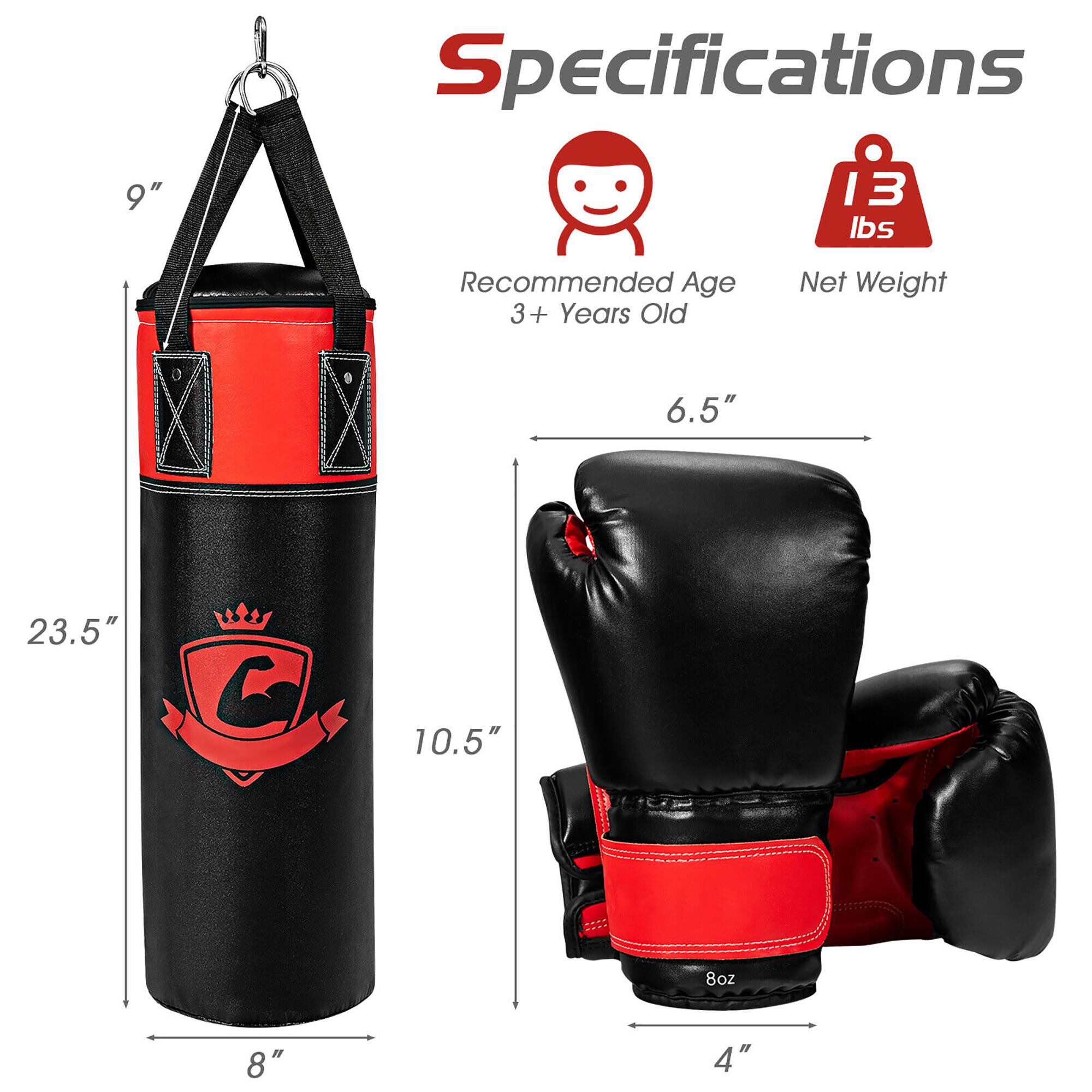 Specifications

- Recommended Age: 3+ Years Old
- Net Weight: 13 lbs

Dimensions:
- Punching Bag: 23.5" (height) x 8" (width) x 10.5" (depth)
- Boxing Gloves: 6.5" (height) x 4" (width) x 8 oz (weight)