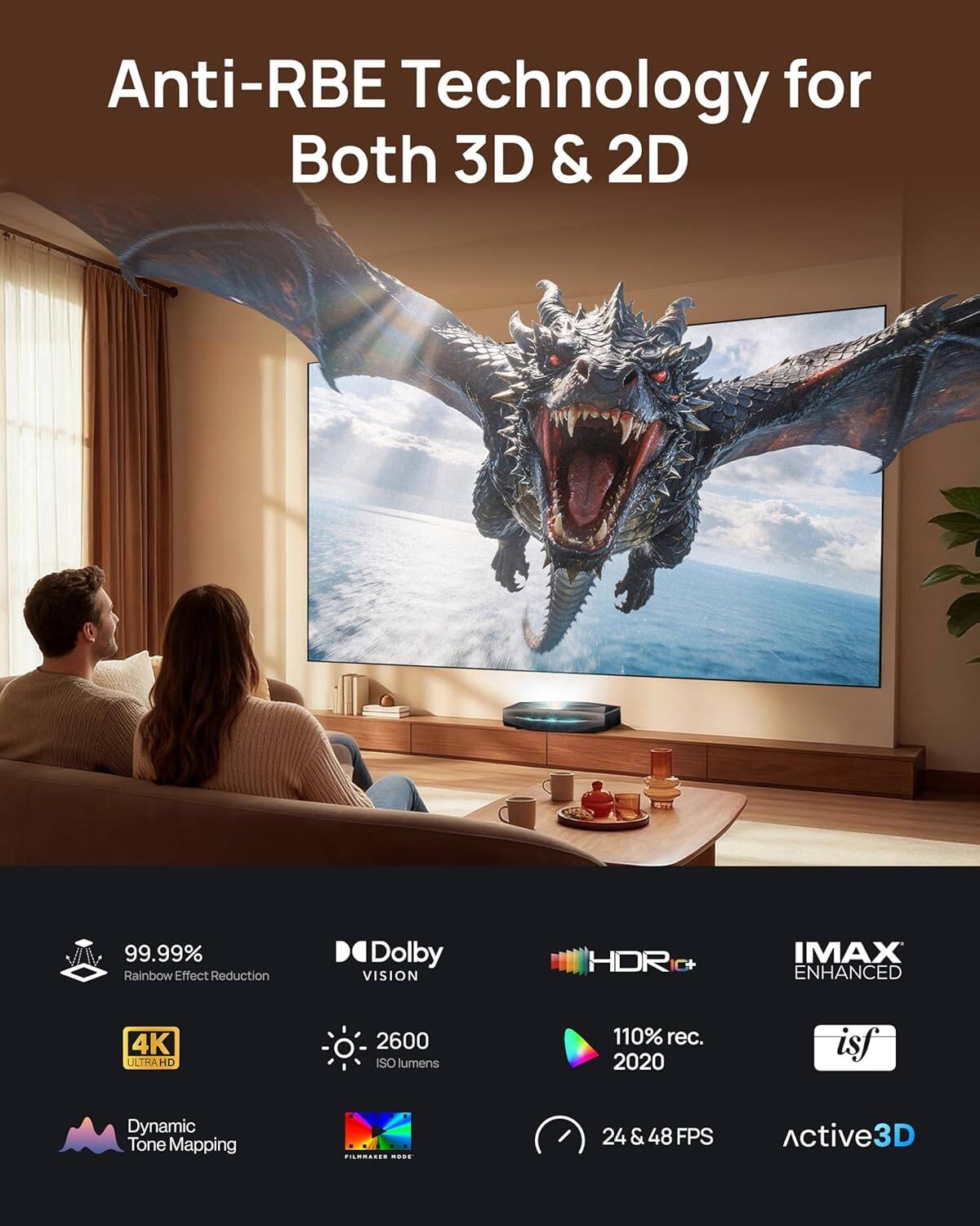 Anti-RBE Technology for Both 3D & 2D

- 99.99% Rainbow Effect Reduction
- Dolby VISION HDR
- IMAX ENHANCED
- 4K ULTRA HD
- 2600 ISO lumens
- 110% rec. 2020
- Dynamic Tone Mapping
- 24 & 48 FPS
- Active3D