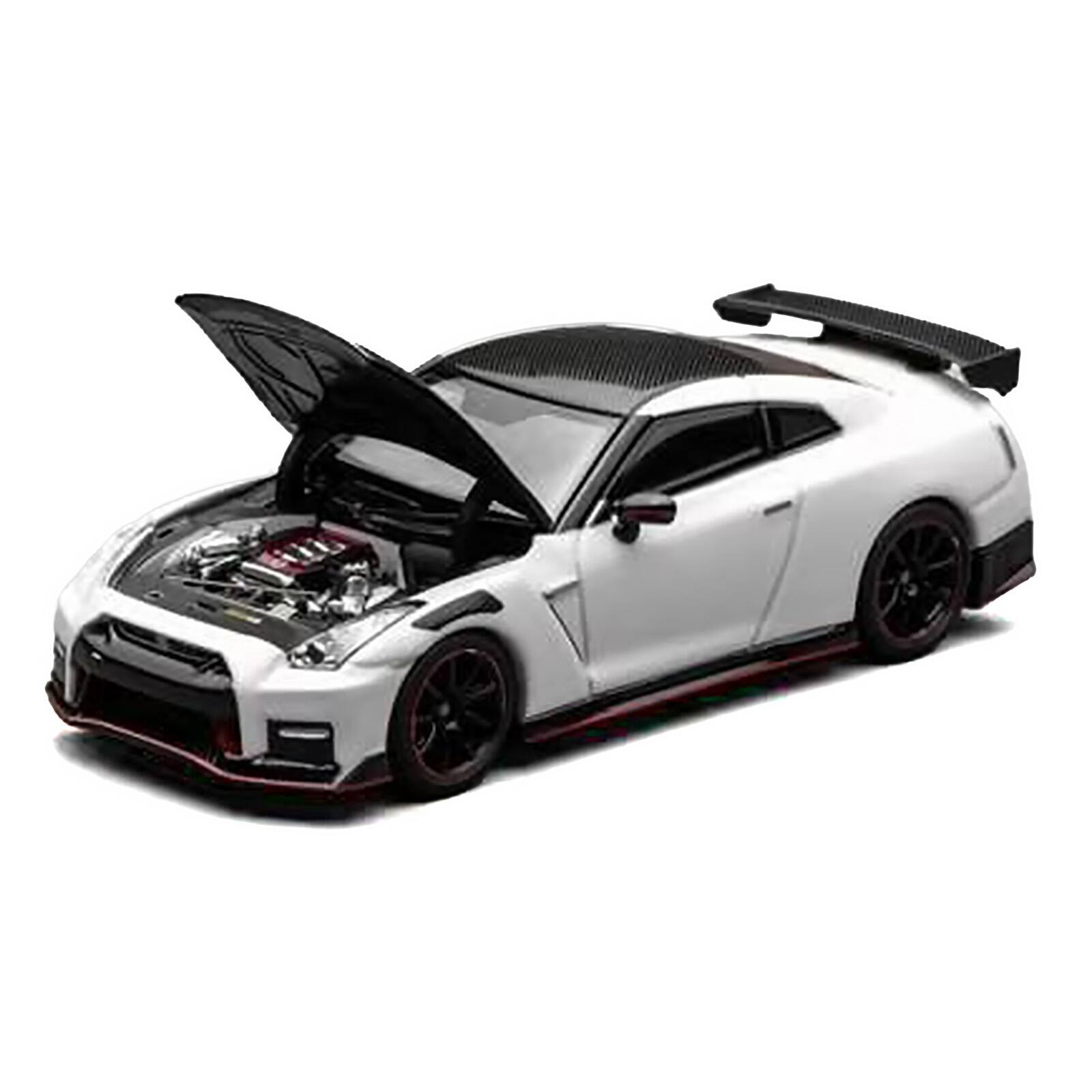 Alt View 1. MotorHelix - 2022 Nissan GT-R Nismo R35 RHD Brilliant White Pearl with Carbon Hood and Top "Senior 64" 1/64 Car by MotorHelix.