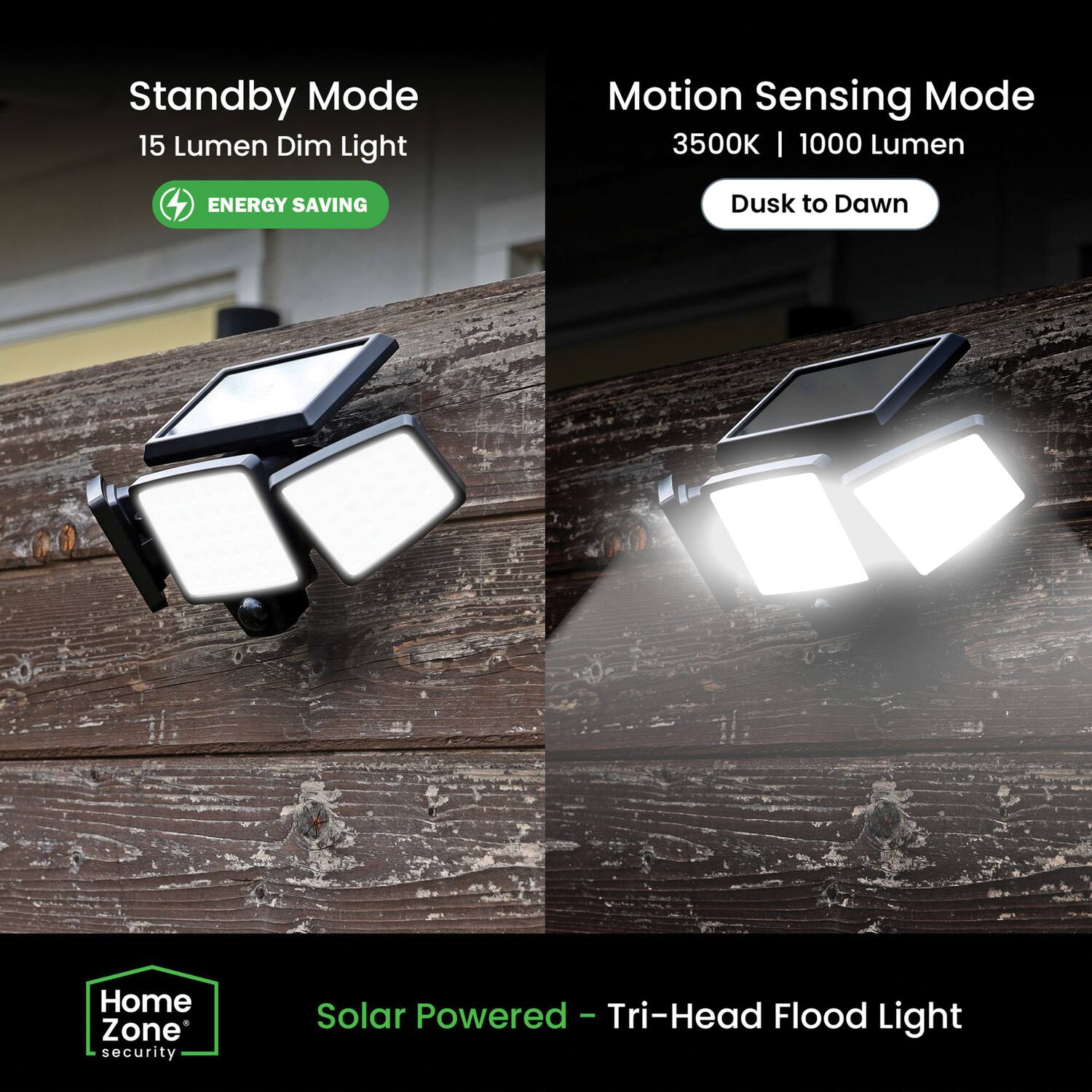 Standby Mode  
15 Lumen Dim Light  
ENERGY SAVING  

Motion Sensing Mode  
3500K | 1000 Lumen  
Dusk to Dawn  

Solar Powered - Tri-Head Flood Light
