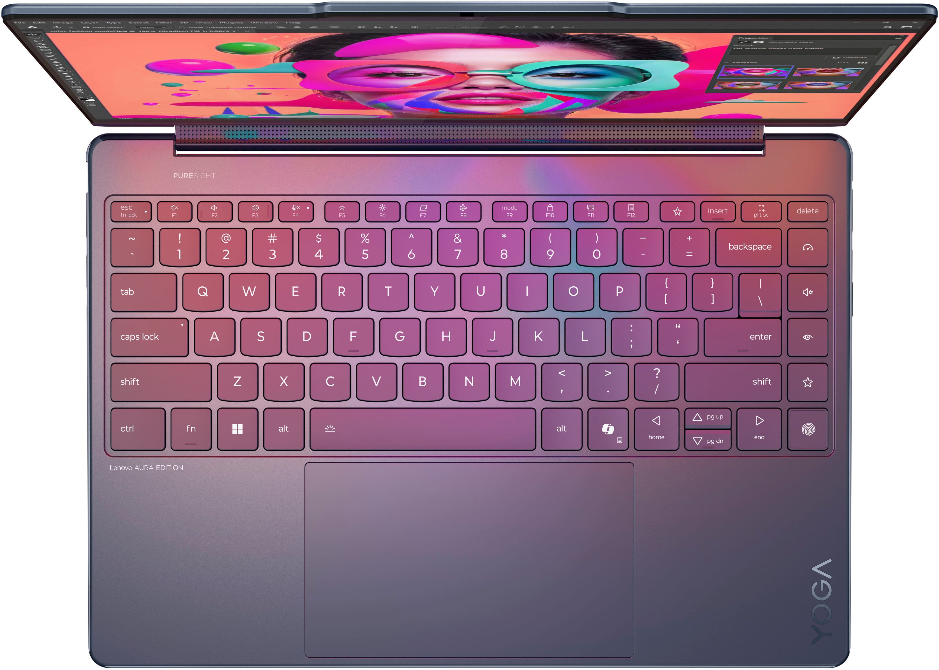 The text on the image is a keyboard layout, which includes the keys and their corresponding functions. The layout is for a Lenovo laptop, specifically the ThinkPad X1 Carbon. The keyboard features a purple and pink color scheme, and it is designed for the PureSight OS. The layout includes the standard QWERTY layout, along with additional keys such as the function keys, arrow keys, and a dedicated key for the PureSight OS. The keyboard also has a dedicated key for the Lenovo Aura Edition.