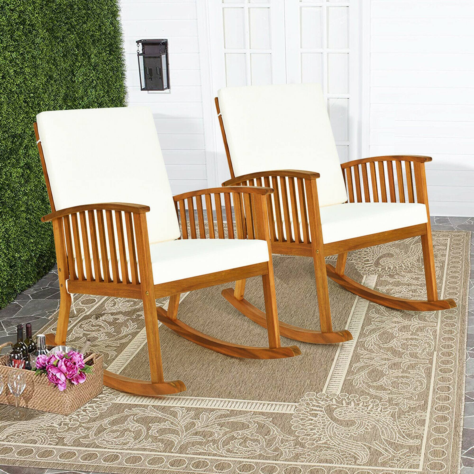 Alt View 2. Gymax - Gymax 3PCS Patio Rocking Chair Set Round Table Solid Wood Cushioned Sofa Garden Deck - Teak.
