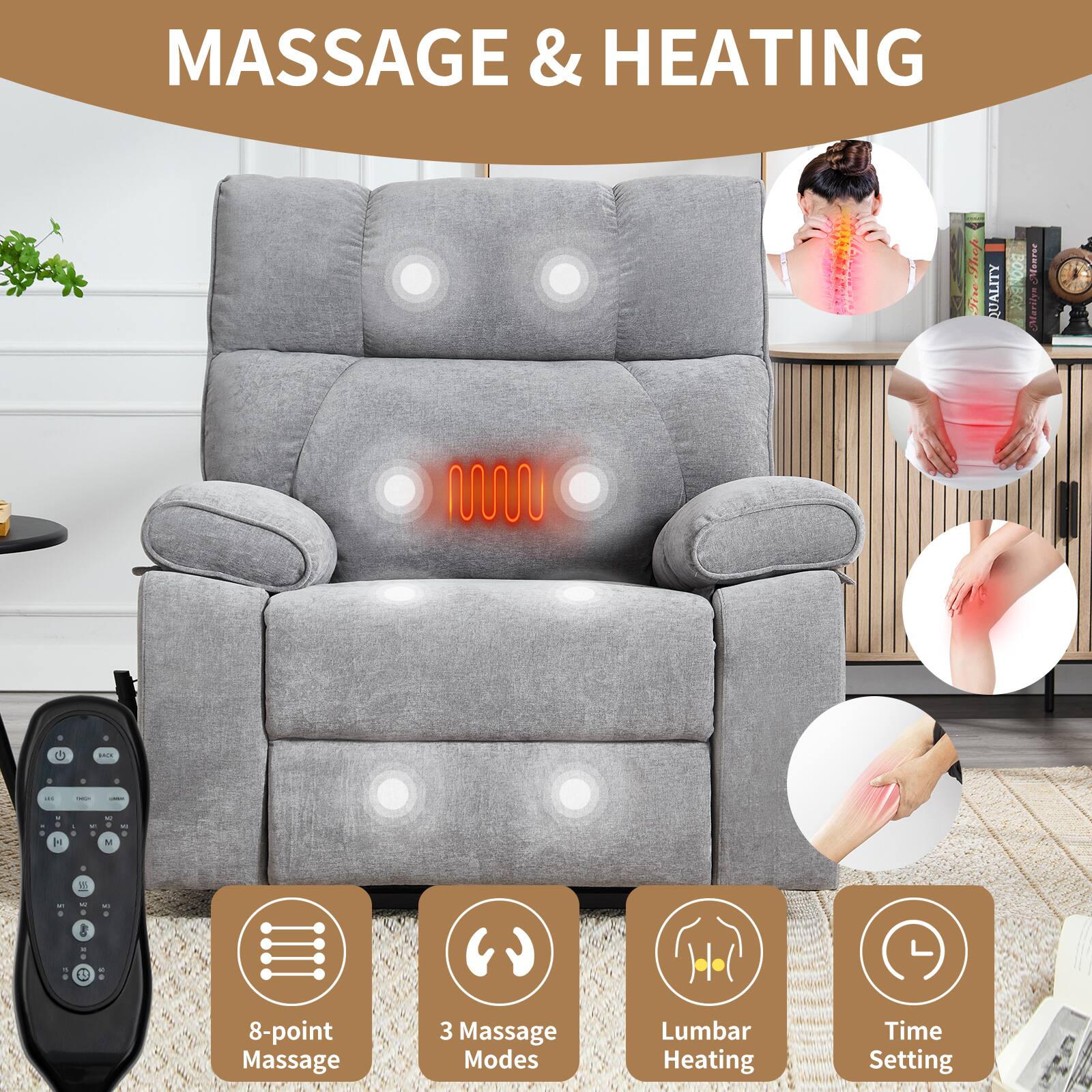 MASSAGE & HEATING

- 8-point Massage
- 3 Massage Modes
- Lumbar Heating
- Time Setting