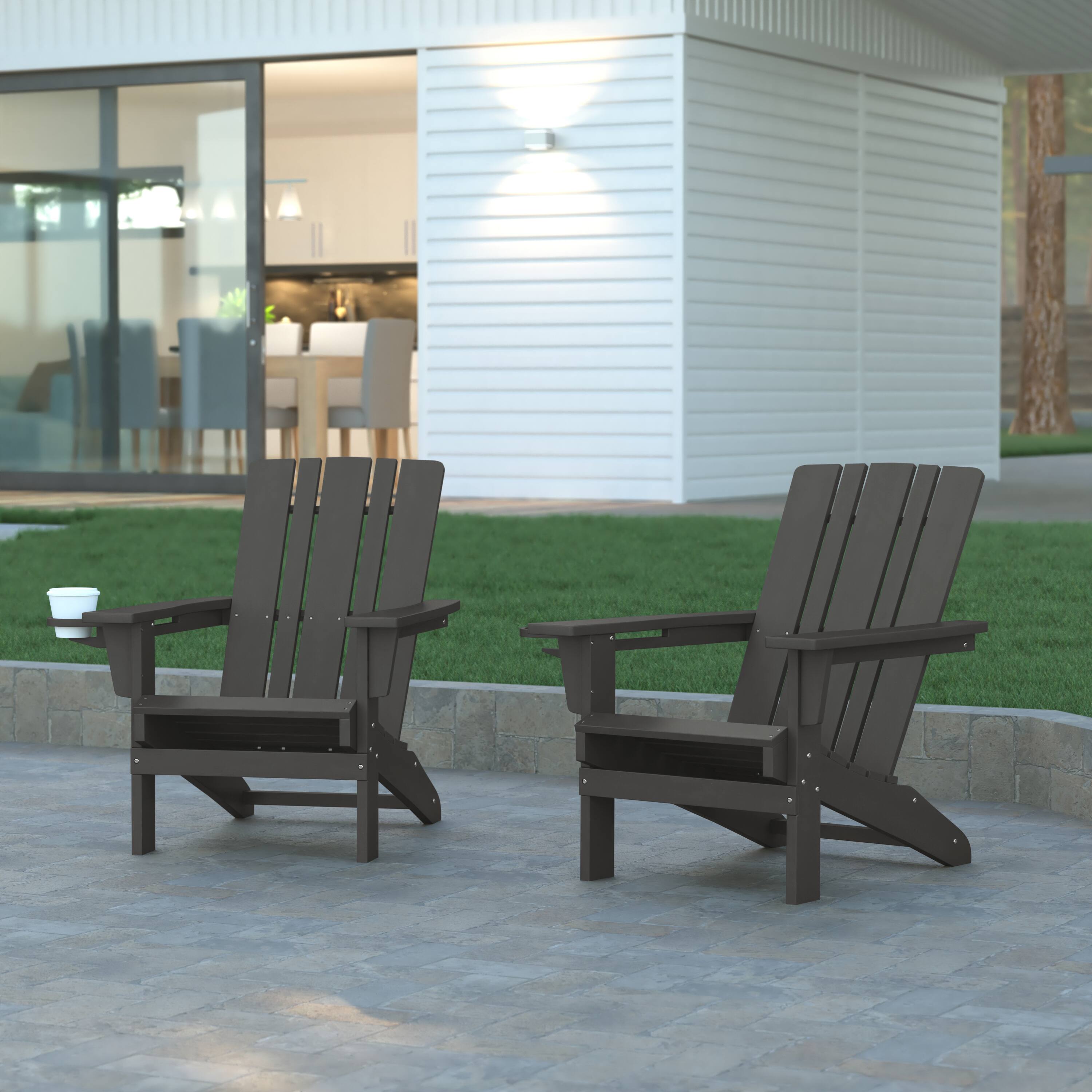 Alt View 2. Emma + Oliver - Haley Set of 2 Adirondack Chairs with Cup Holders, Weather Resistant HDPE Adirondack Chairs - Gray.